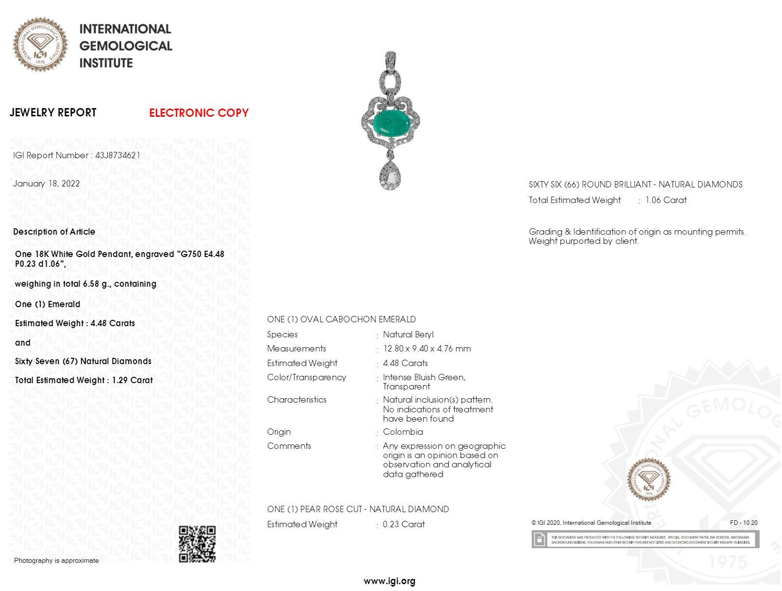 Colgante de oro blanco de 18 quilates con esmeralda colombiana y diamantes de 4,48 quilates con certificado IGI Moderno en venta