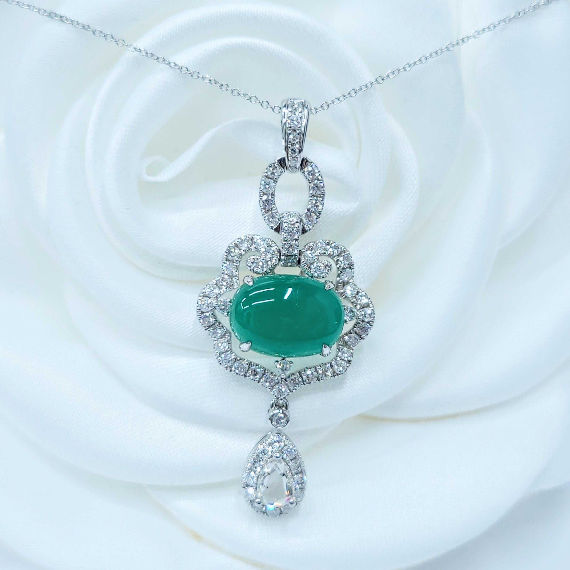 Colgante de oro blanco de 18 quilates con esmeralda colombiana y diamantes de 4,48 quilates con certificado IGI en venta 3