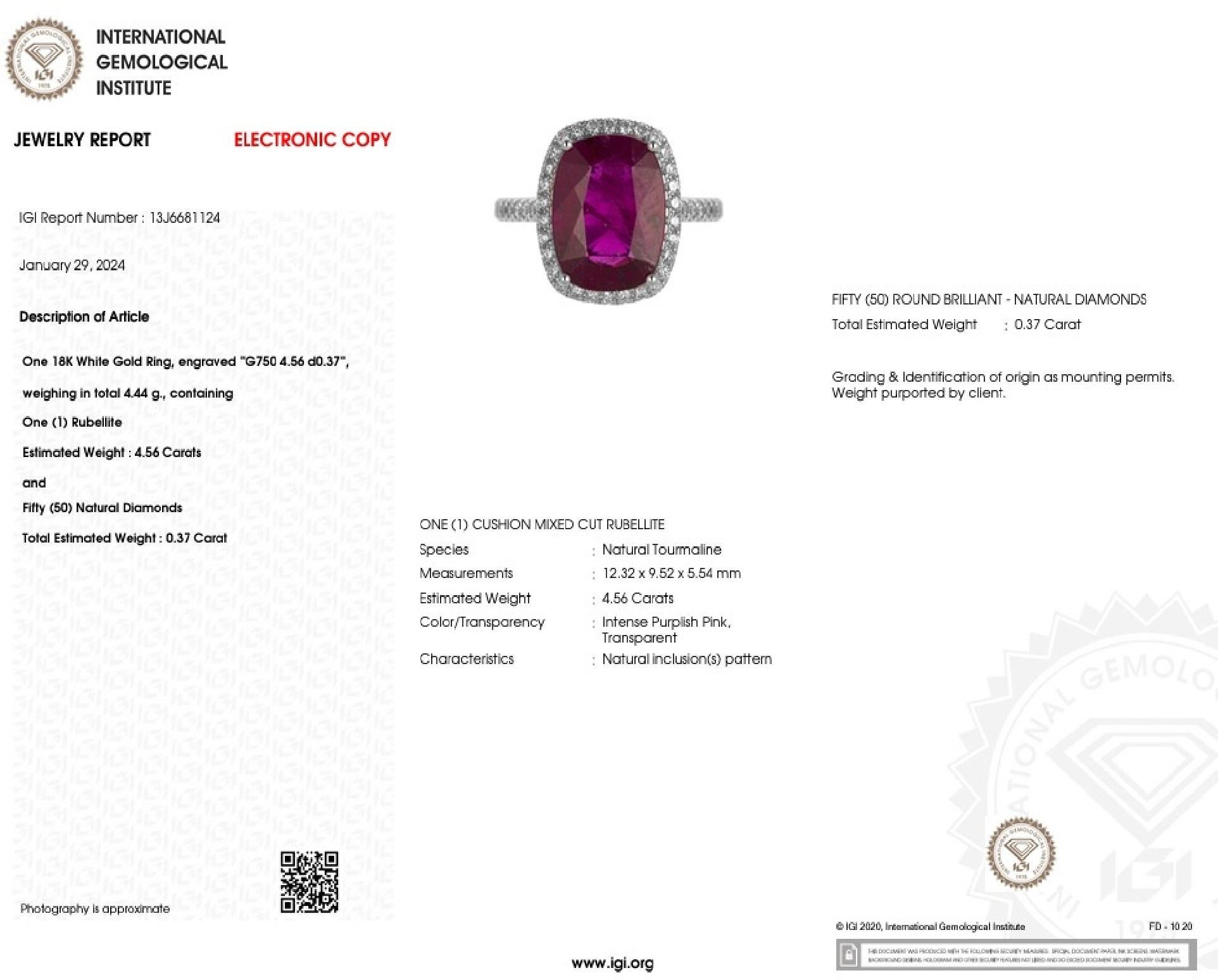 IGI Certified 4.56 Carat Tourmaline & Diamond Ring in 18K White Gold For Sale 1