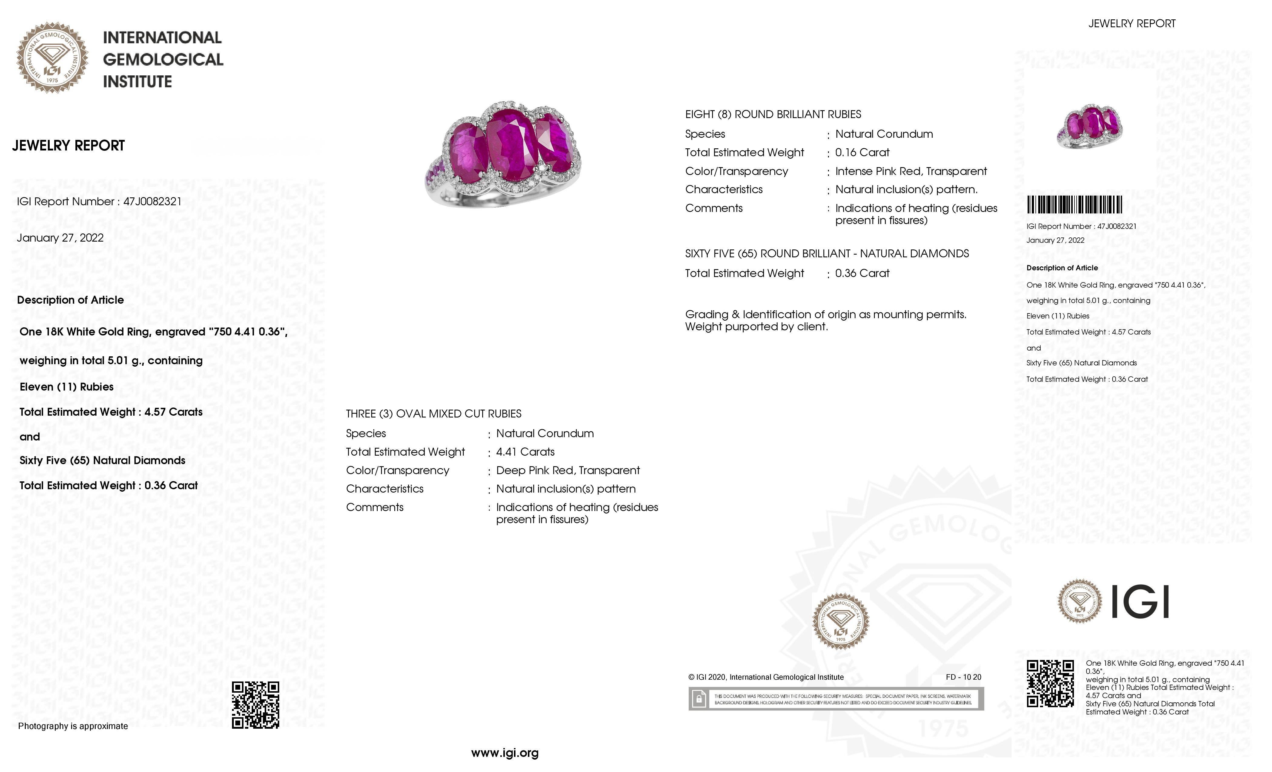 IGI Certified 4.57ct Natural Ruby and 0.36ct Diamonds 18k White Gold Ring For Sale 3