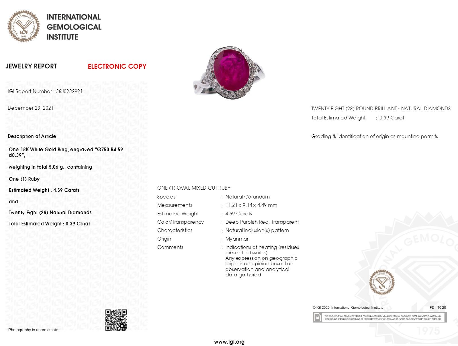 Prepare to be captivated by the mesmerizing beauty of this exceptional IGI Certified 4.59 Carat Burmese Ruby Ring. Exuding luxury and sophistication, this breathtaking piece is crafted in exquisite 18K white gold and features a lustrous oval-shaped