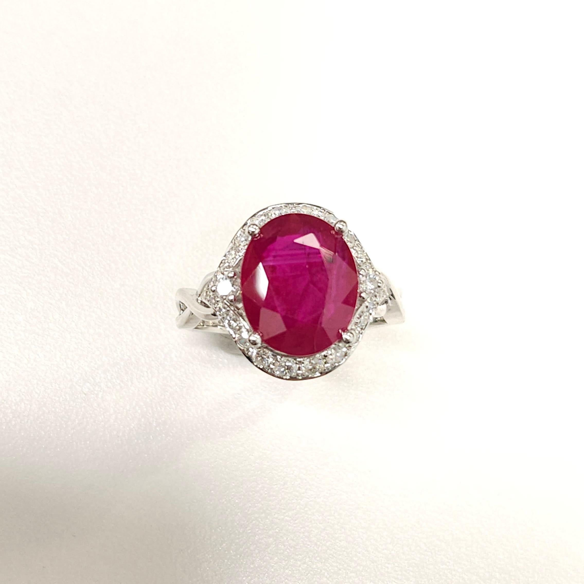 Oval Cut IGI Certified 4.59 Carat Burma Ruby & Diamond Ring in 18K White Gold For Sale