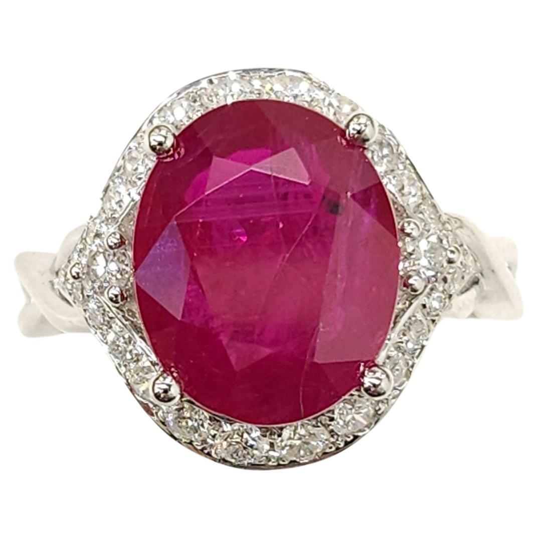 IGI Certified 4.59 Carat Burma Ruby & Diamond Ring in 18K White Gold For Sale