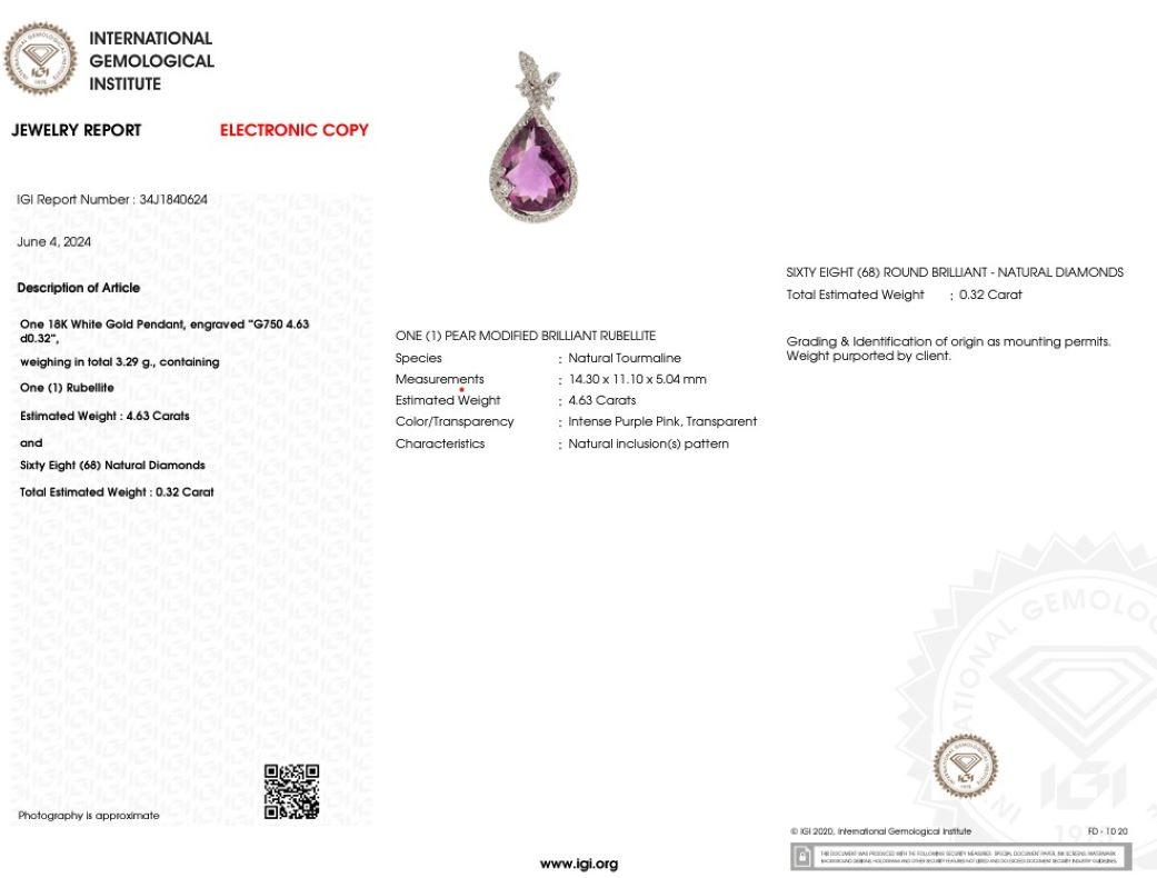 Moderne Pendentif en or blanc 18 carats certifié IGI avec tourmaline rose et diamant de 4,63 carats en vente