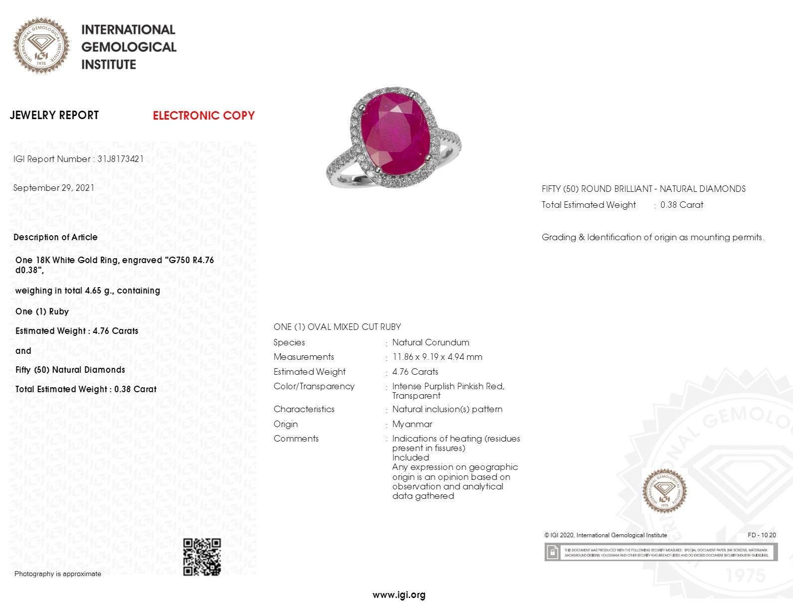 Anillo de oro blanco de 18 quilates con rubí de Birmania y diamantes de 4,76 quilates con certificado IGI en venta 3