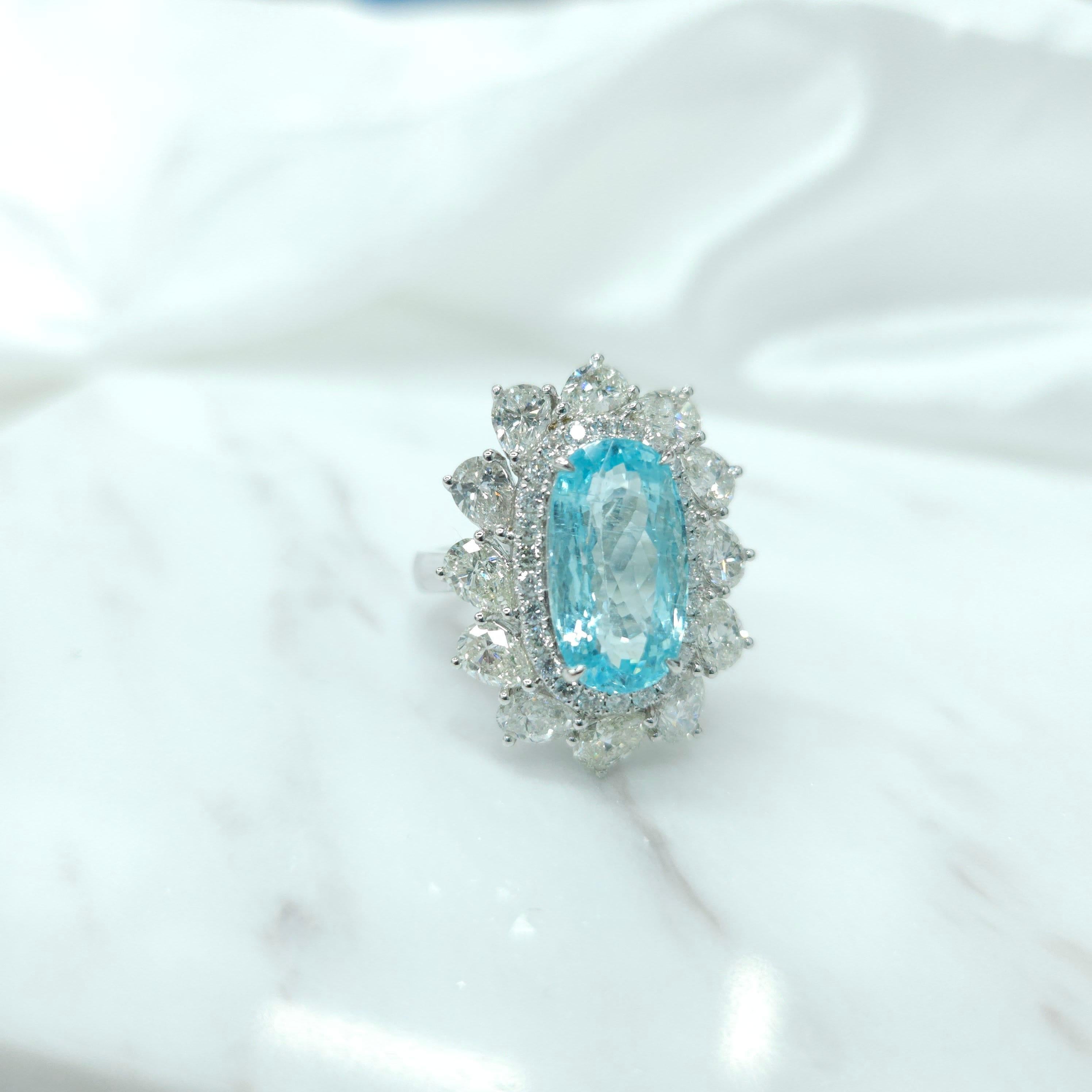 Women's IGI Certified 4.67 Carat Paraiba & Diamond Ring in 18K White Gold For Sale