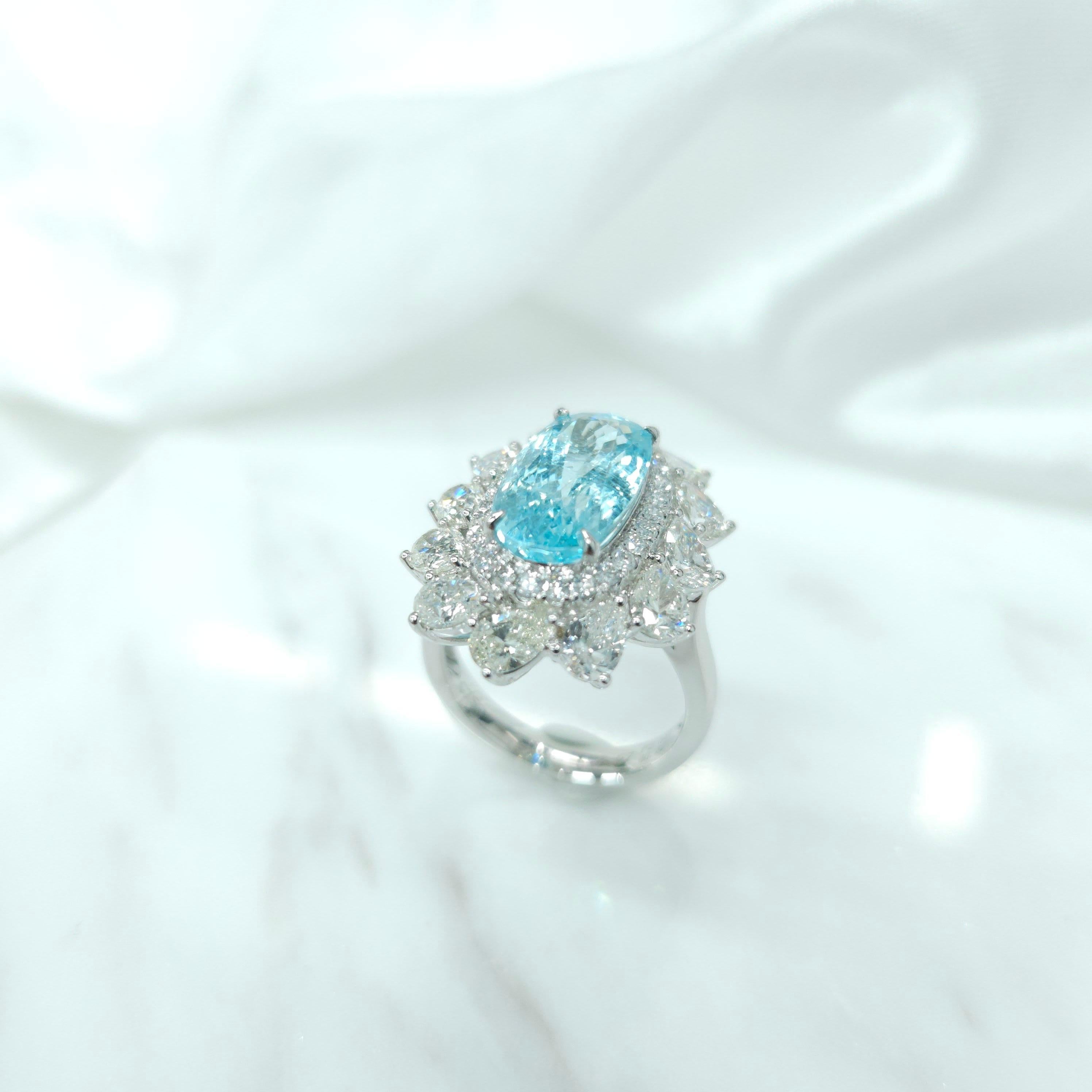IGI Certified 4.67 Carat Paraiba & Diamond Ring in 18K White Gold For Sale 3
