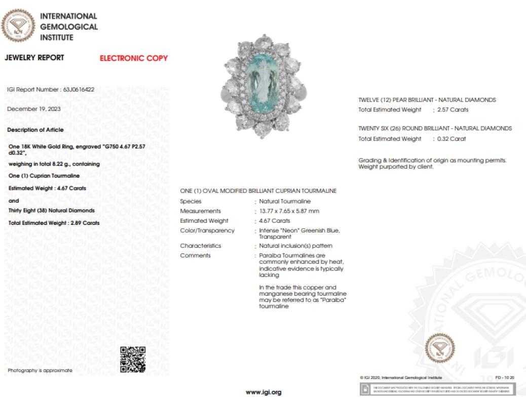 IGI Certified 4.67 Carat Paraiba & Diamond Ring in 18K White Gold For Sale 11