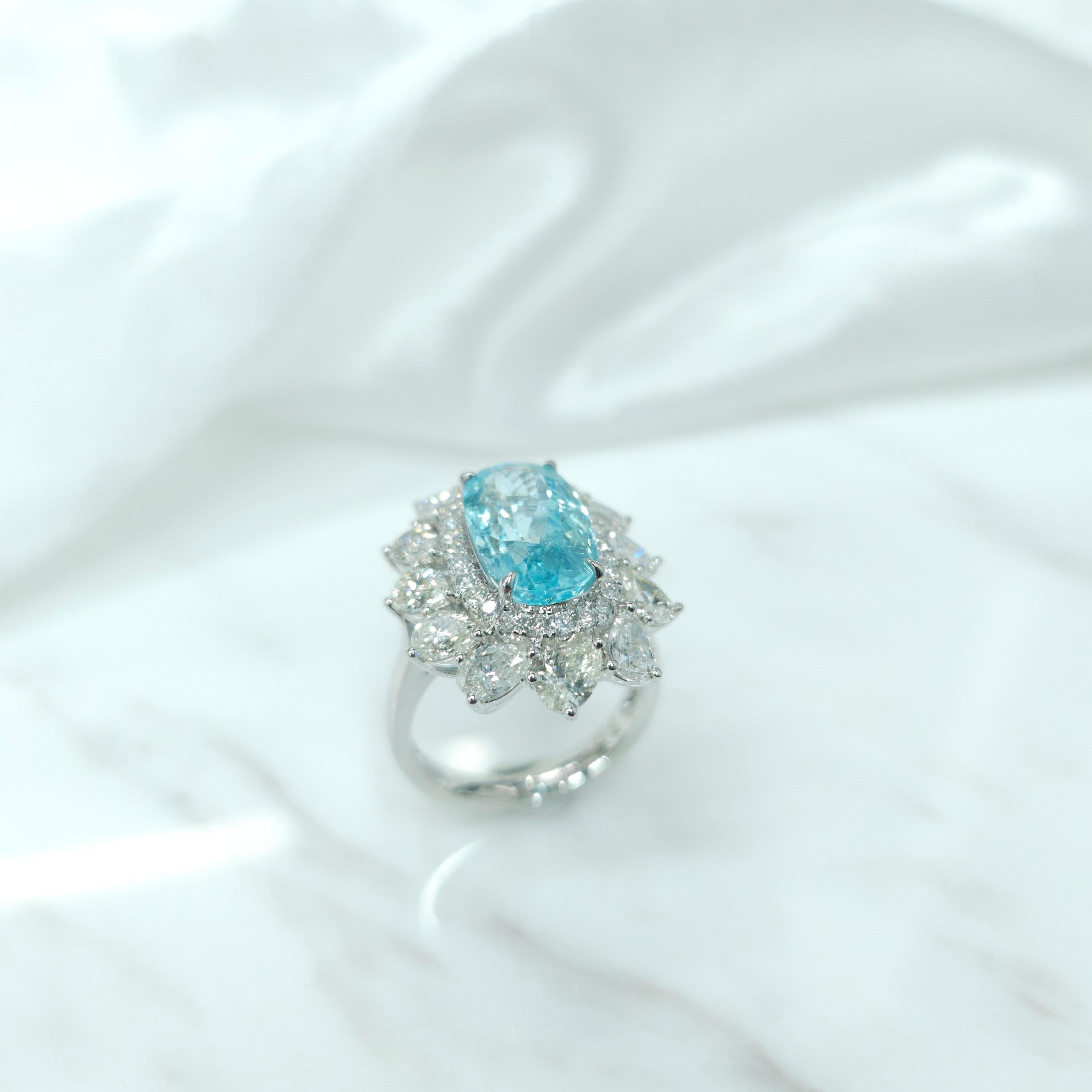 IGI Certified 4.67 Carat Paraiba & Diamond Ring in 18K White Gold For Sale 7
