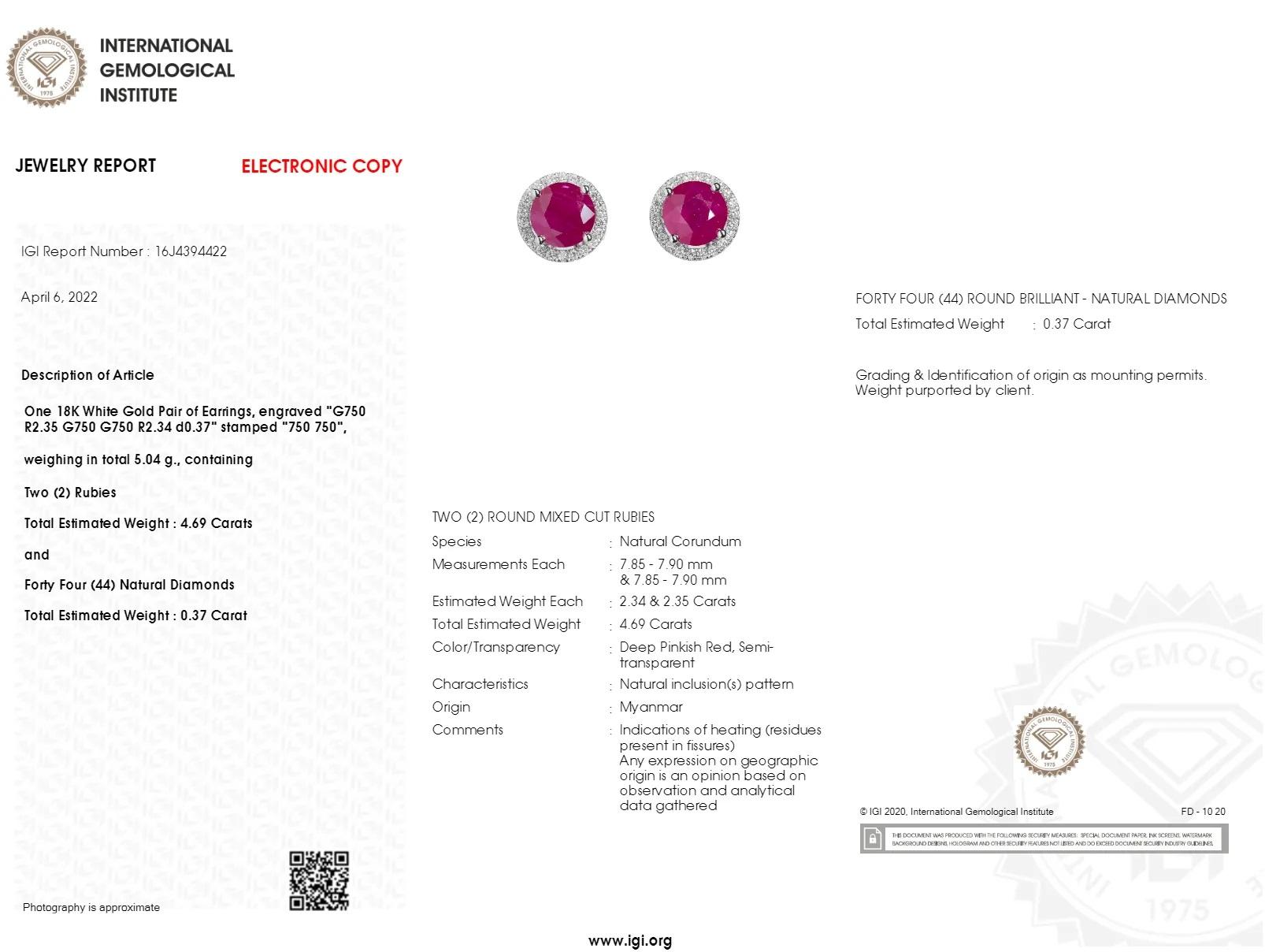 IGI Certified 4.69 Carat Burma Ruby & Diamond Jackets Earrings in 18K White Gold For Sale 5