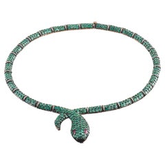 IGI Certified 47.4 Carat Diamond and Emerald Snake Statement Necklace 8K Gold