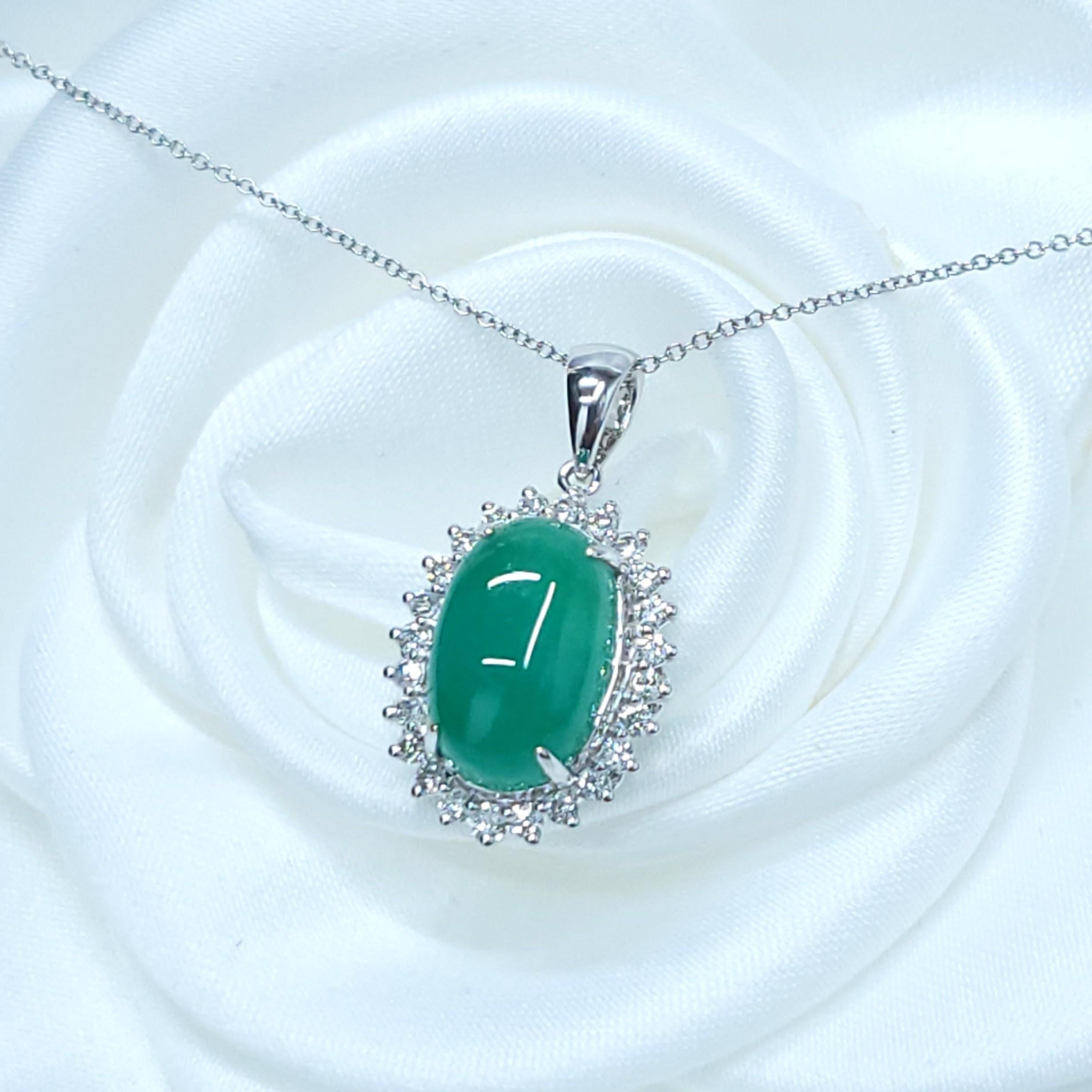 Oval Cut IGI Certified 4.80 Carat Emerald and Diamond Pendant in 18K White Gold For Sale