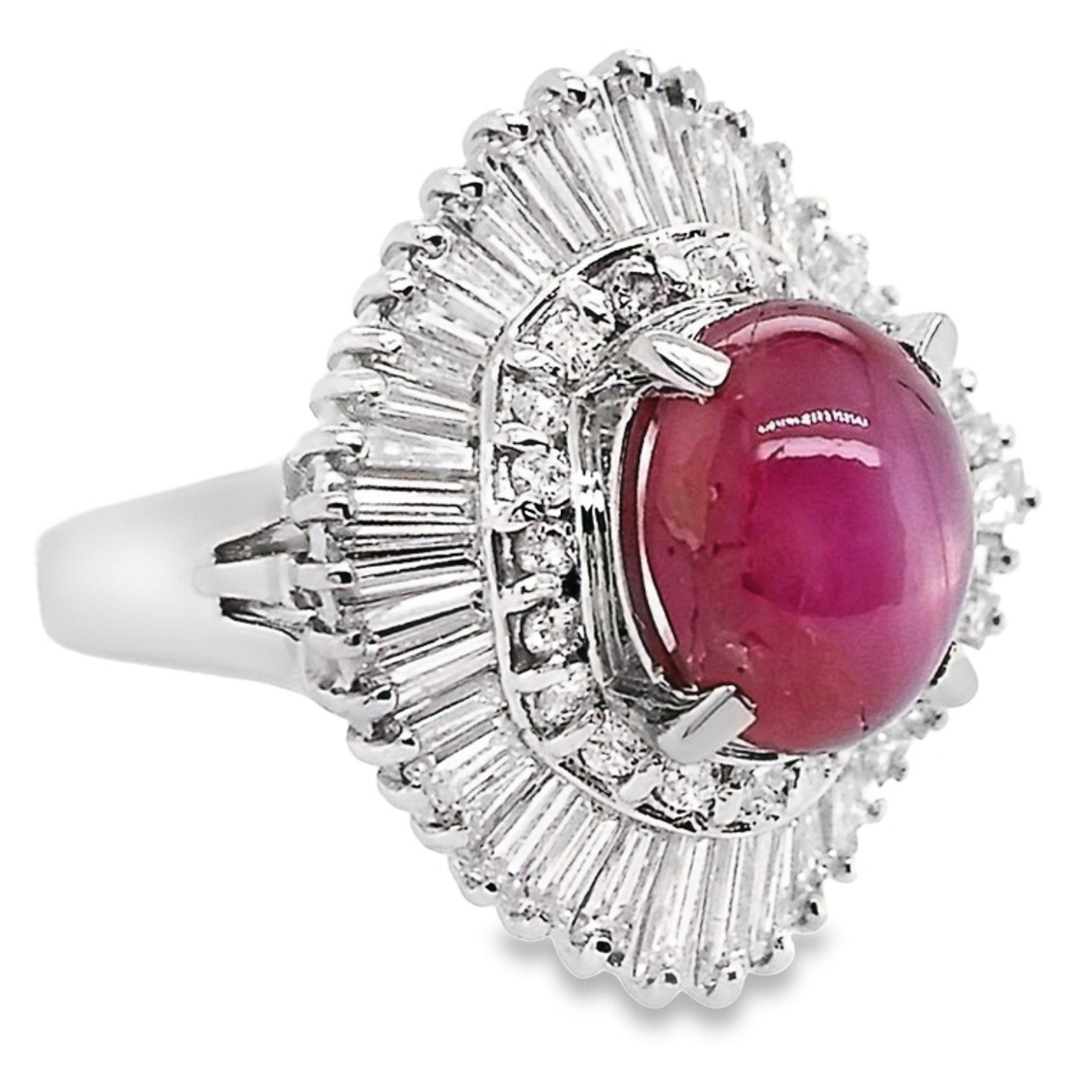 Cabochon IGI Certified 4.80ct No-Heat Burma Star Ruby and 1.95ct Diamonds Platinum Ring For Sale