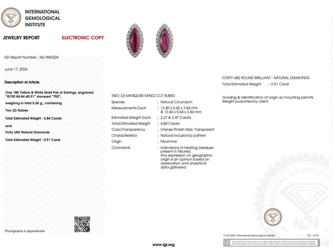 Moderne Boucles d'oreilles en or blanc 18 carats certifiées IGI avec rubis de Birmanie et diamants de 4,84 carats en vente