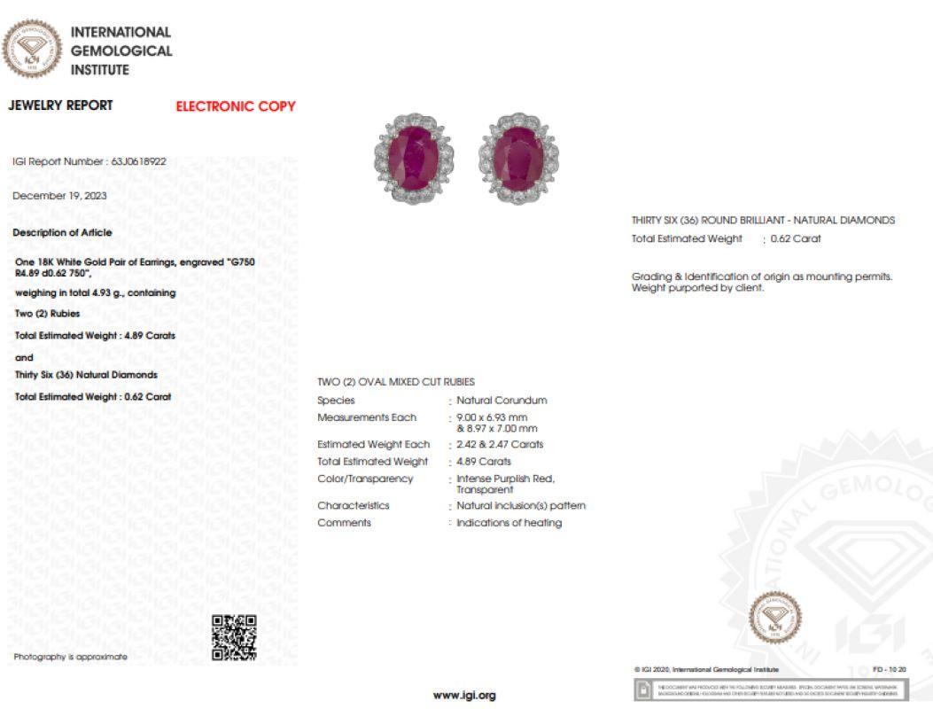 Moderne Boucles d'oreilles en or blanc 18 carats avec rubis et diamants certifiés IGI de 4,89ct en vente