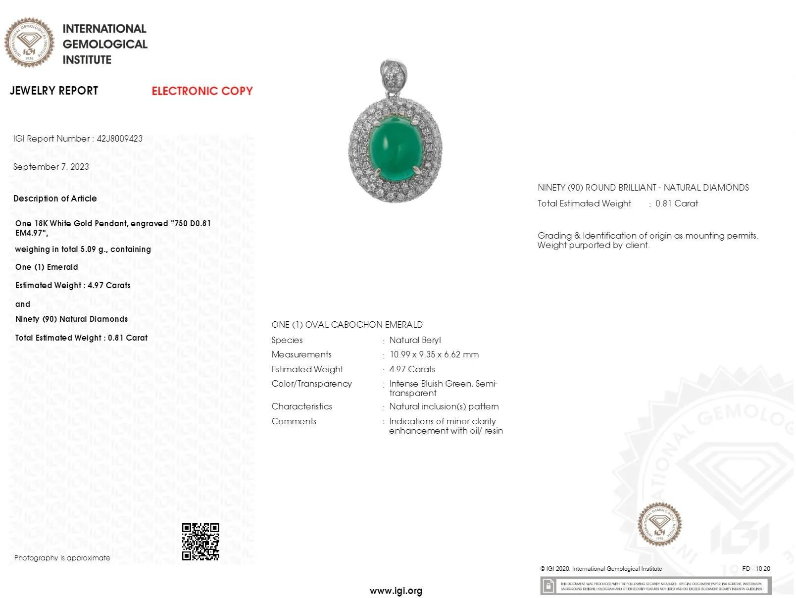 IGI-zertifizierter 4,97 Karat Smaragd- und Diamant-Anhänger aus 18 Karat Weißgold (Moderne) im Angebot