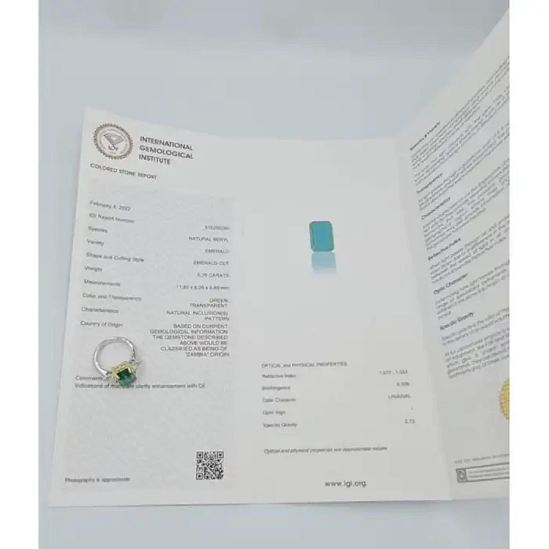 Modern IGI Certified 5 Carat Green Emerald Trillion Side Diamond Ring