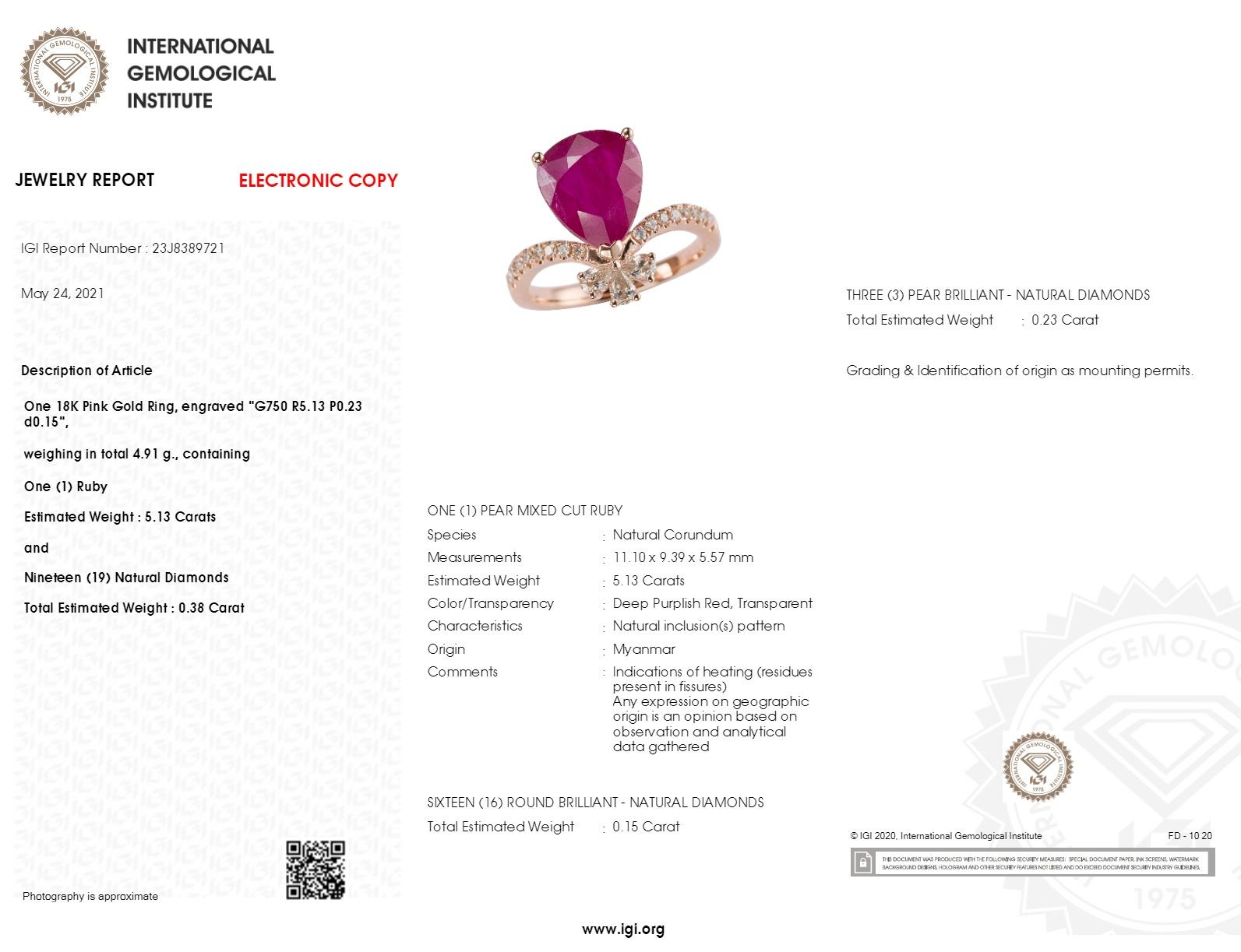 IGI Certified 5.13 Carat Burma Ruby & Diamond Ring in 18K Rose Gold For Sale 6