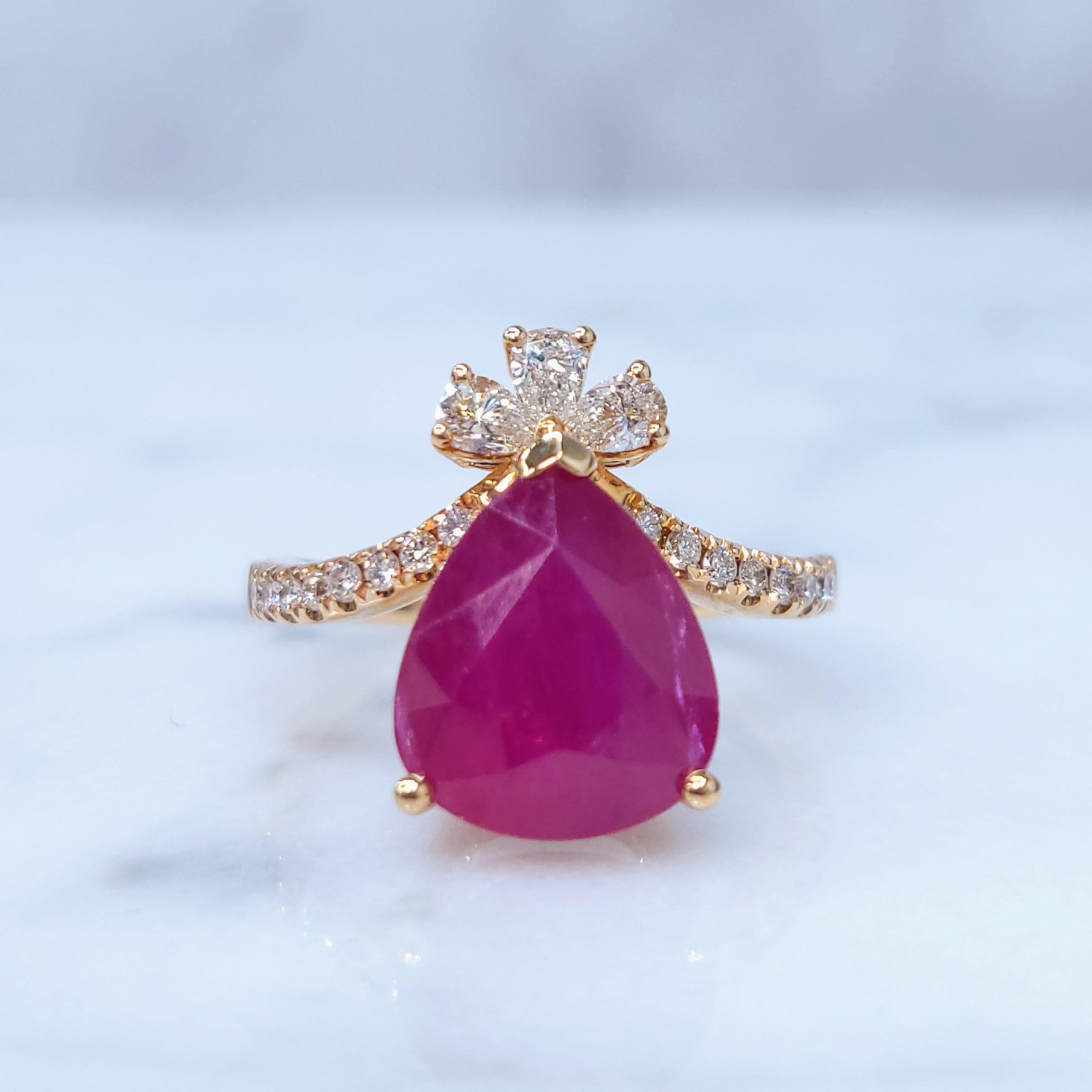 Pear Cut IGI Certified 5.13 Carat Burma Ruby & Diamond Ring in 18K Rose Gold For Sale