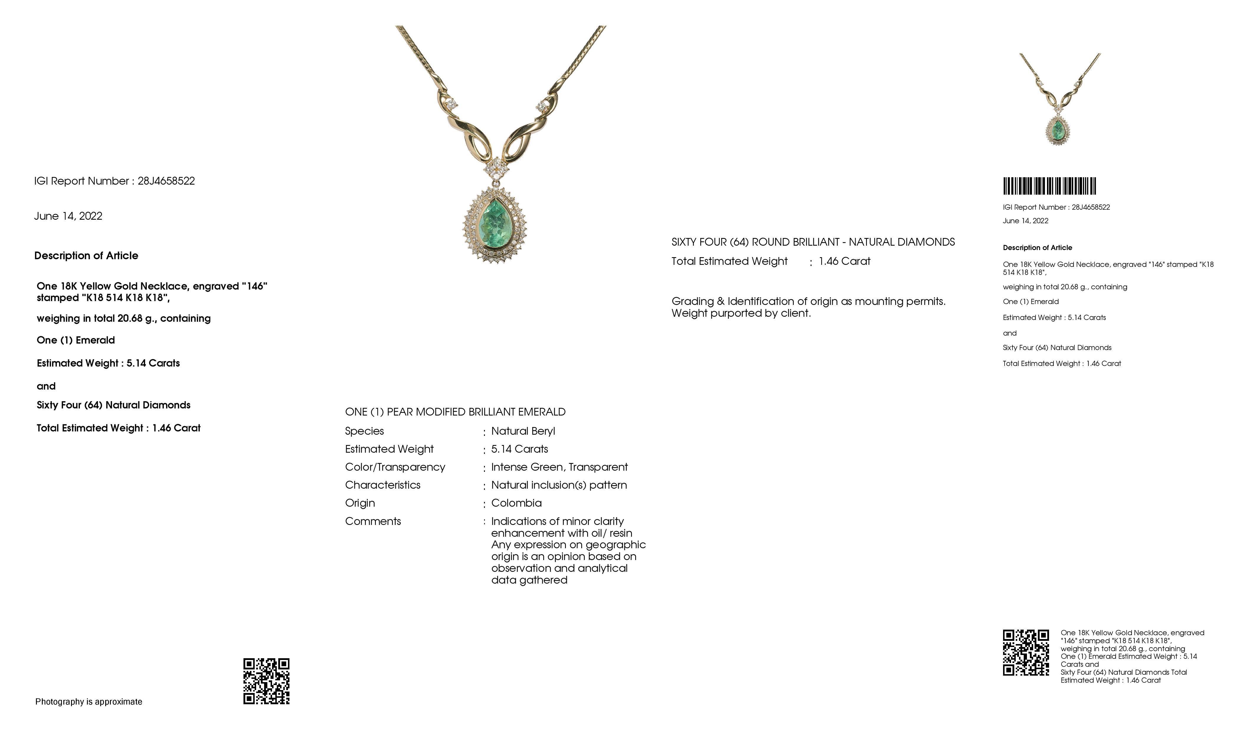 Women's IGI Certified 5.14ct Colombia Emerald 1.46ct Diamonds 18K Yellow Gold Necklace For Sale