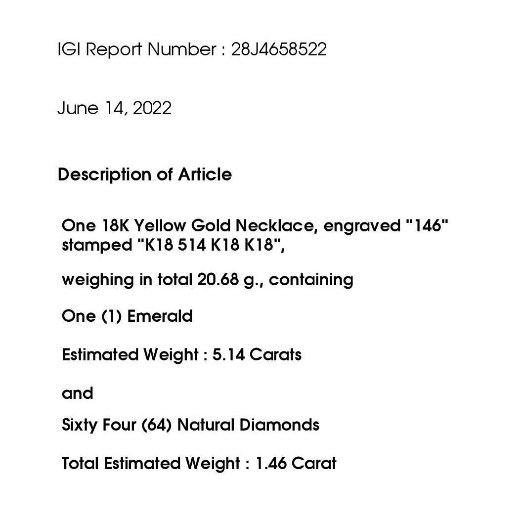 IGI Certified 5.14ct Colombia Emerald 1.46ct Diamonds 18K Yellow Gold Necklace For Sale 3