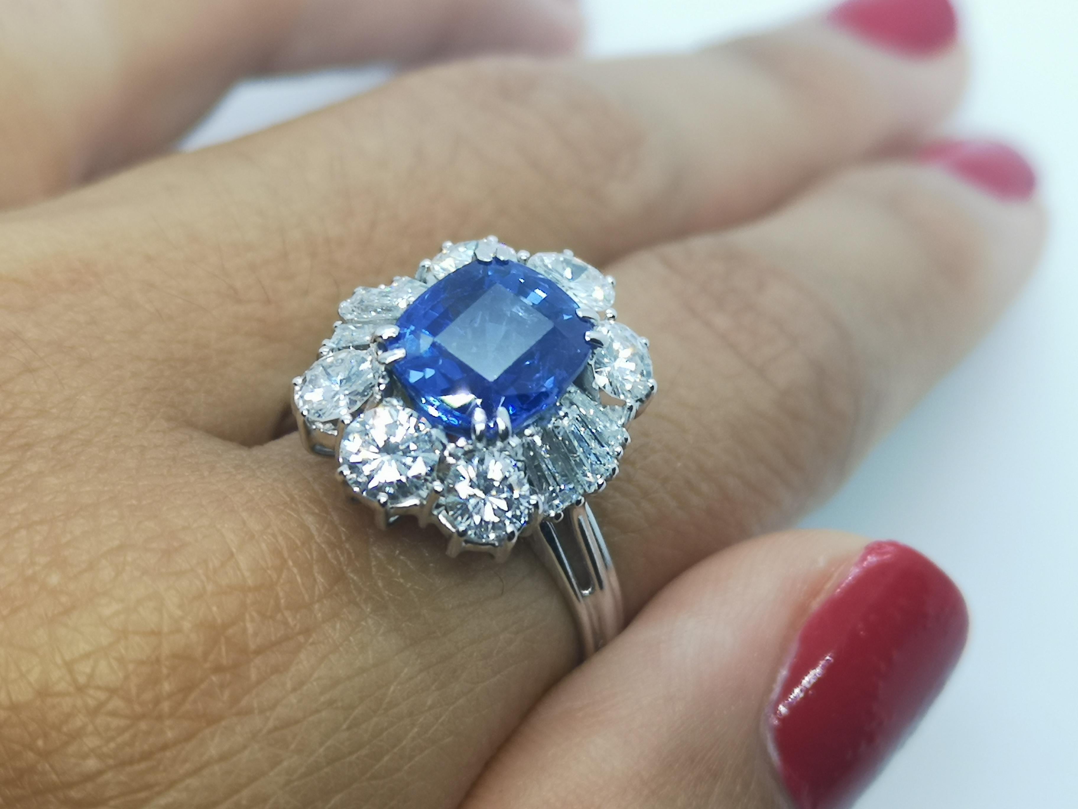 Cushion Cut IGI Certified 5.30 Carat Natural Unheated Sapphire Diamond Ring