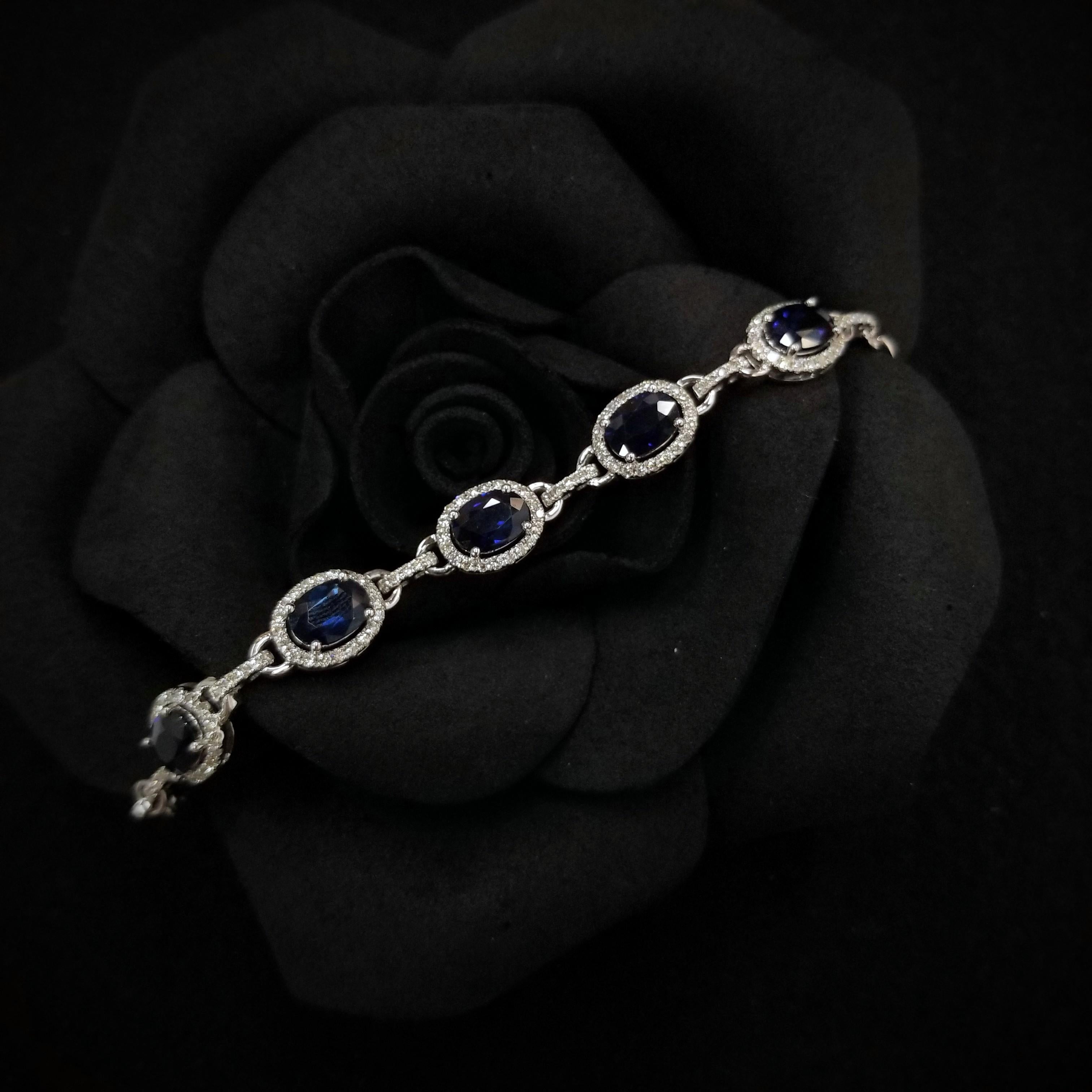 Oval Cut IGI Certified 5.32 Carat Blue Sapphire & Diamond Bracelet in 18K White Gold For Sale