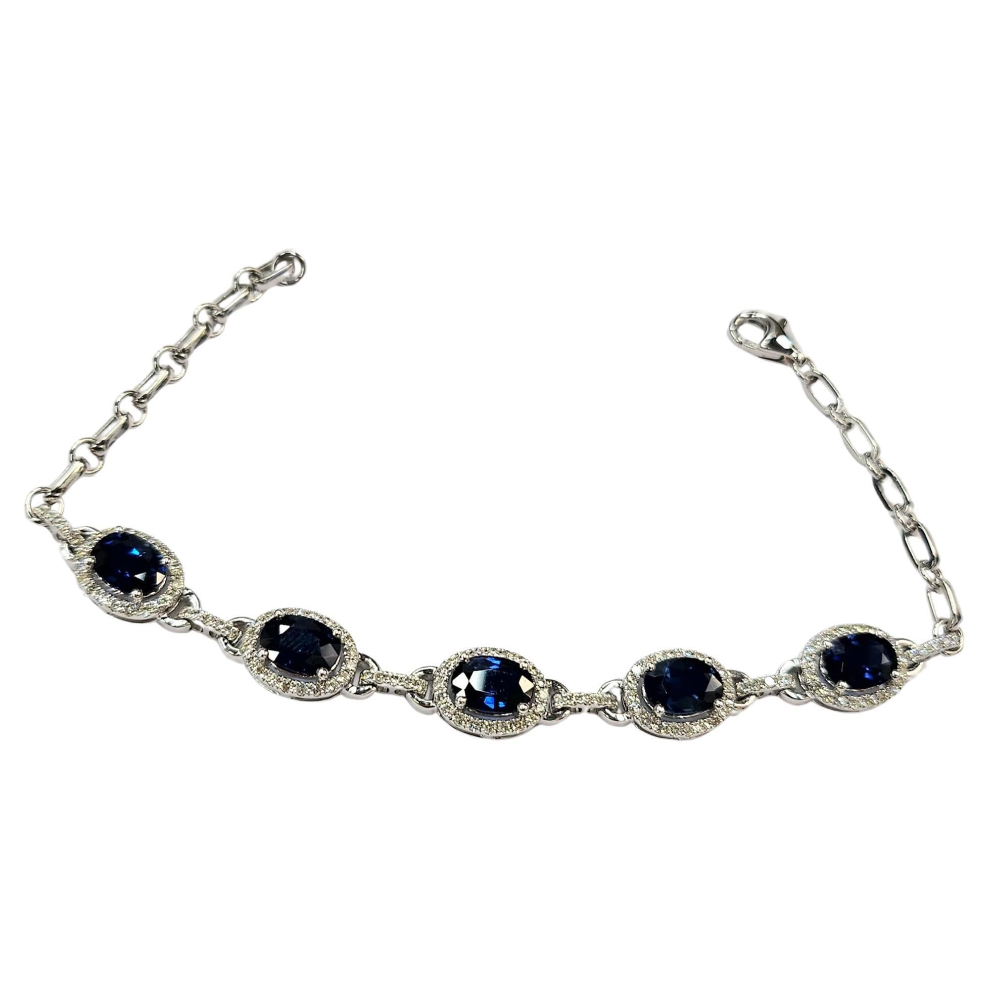 IGI Certified 5.32 Carat Blue Sapphire & Diamond Bracelet in 18K White Gold For Sale