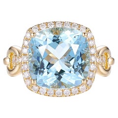 Anello cocktail con acquamarina e diamante da 5,35 carati certificato IGI in oro giallo 18 carati