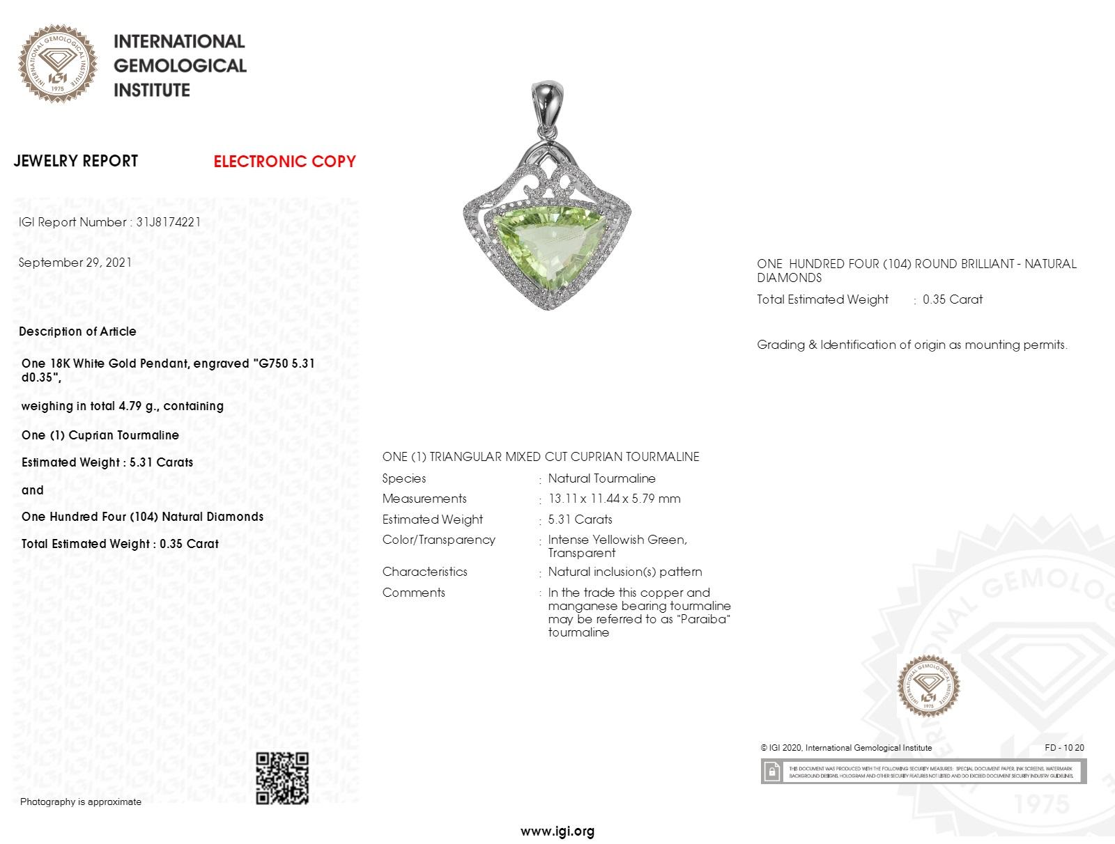 Moderno Tormalina e diamante da 5,41 carati certificati IGI in oro bianco 18 carati in vendita