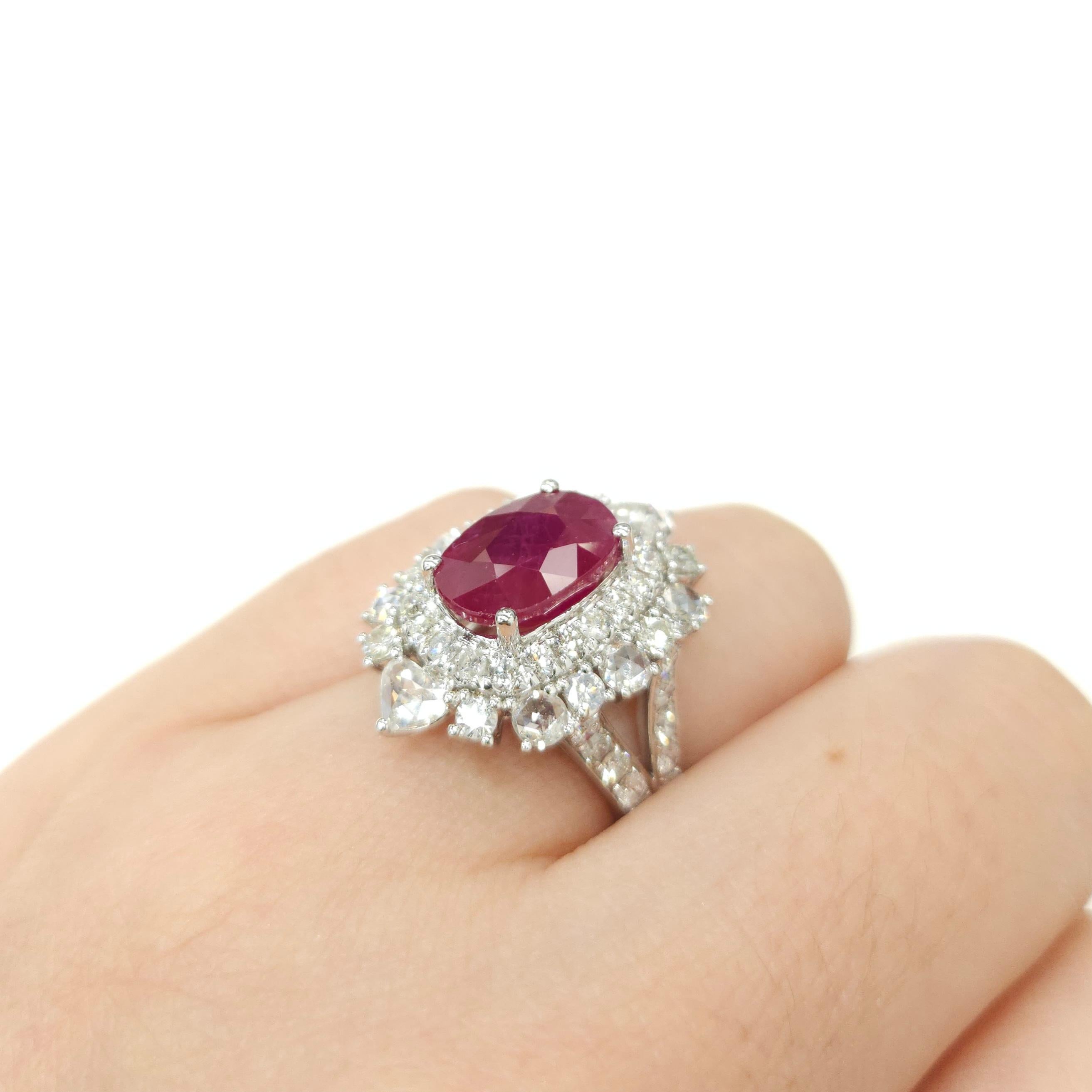 IGI Certified 5.50 Carat  Ruby & Diamond Ring in 18K White Gold For Sale 4