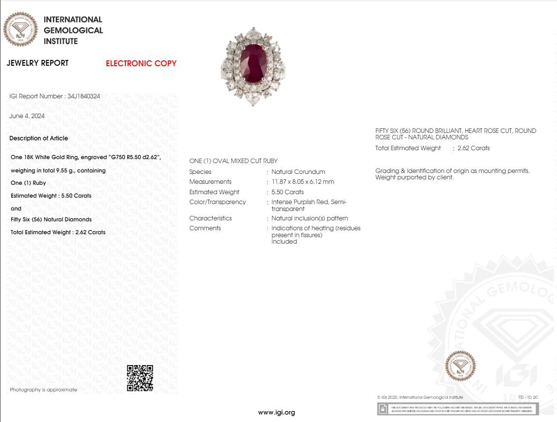 IGI Certified 5.50 Carat  Ruby & Diamond Ring in 18K White Gold For Sale 5