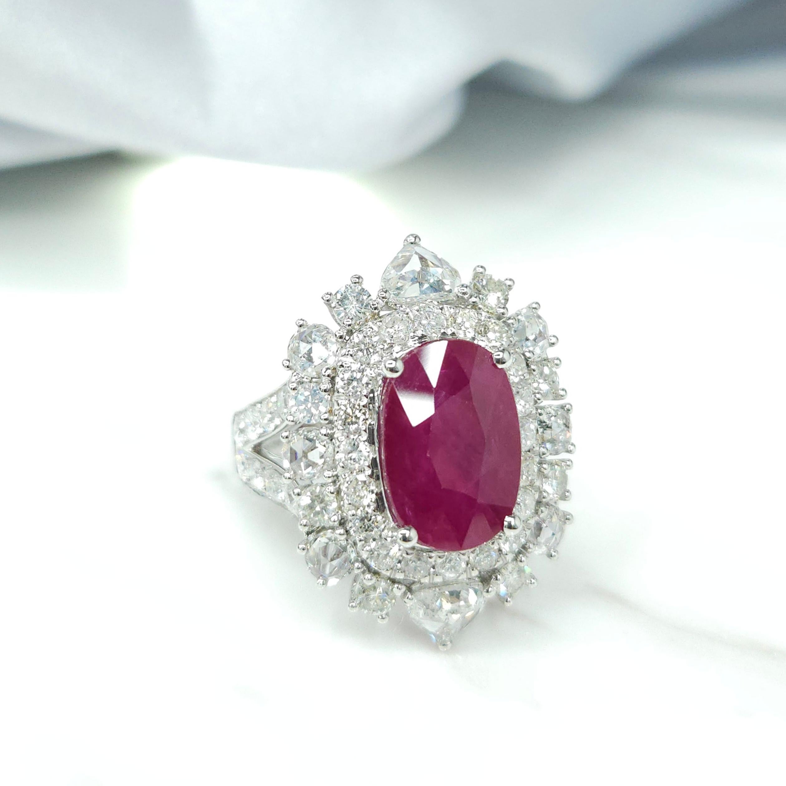 Cushion Cut IGI Certified 5.50 Carat  Ruby & Diamond Ring in 18K White Gold For Sale