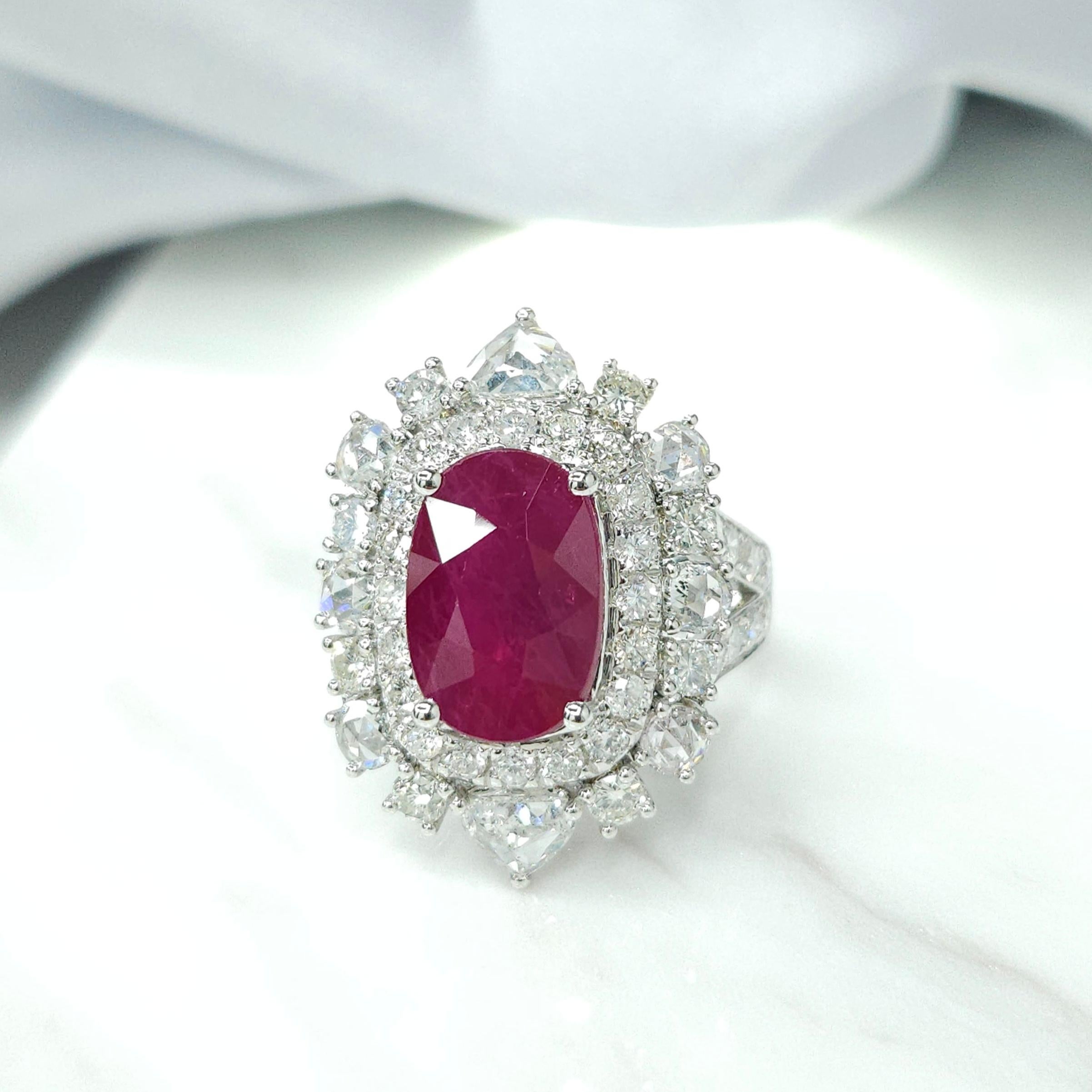 Women's IGI Certified 5.50 Carat  Ruby & Diamond Ring in 18K White Gold For Sale
