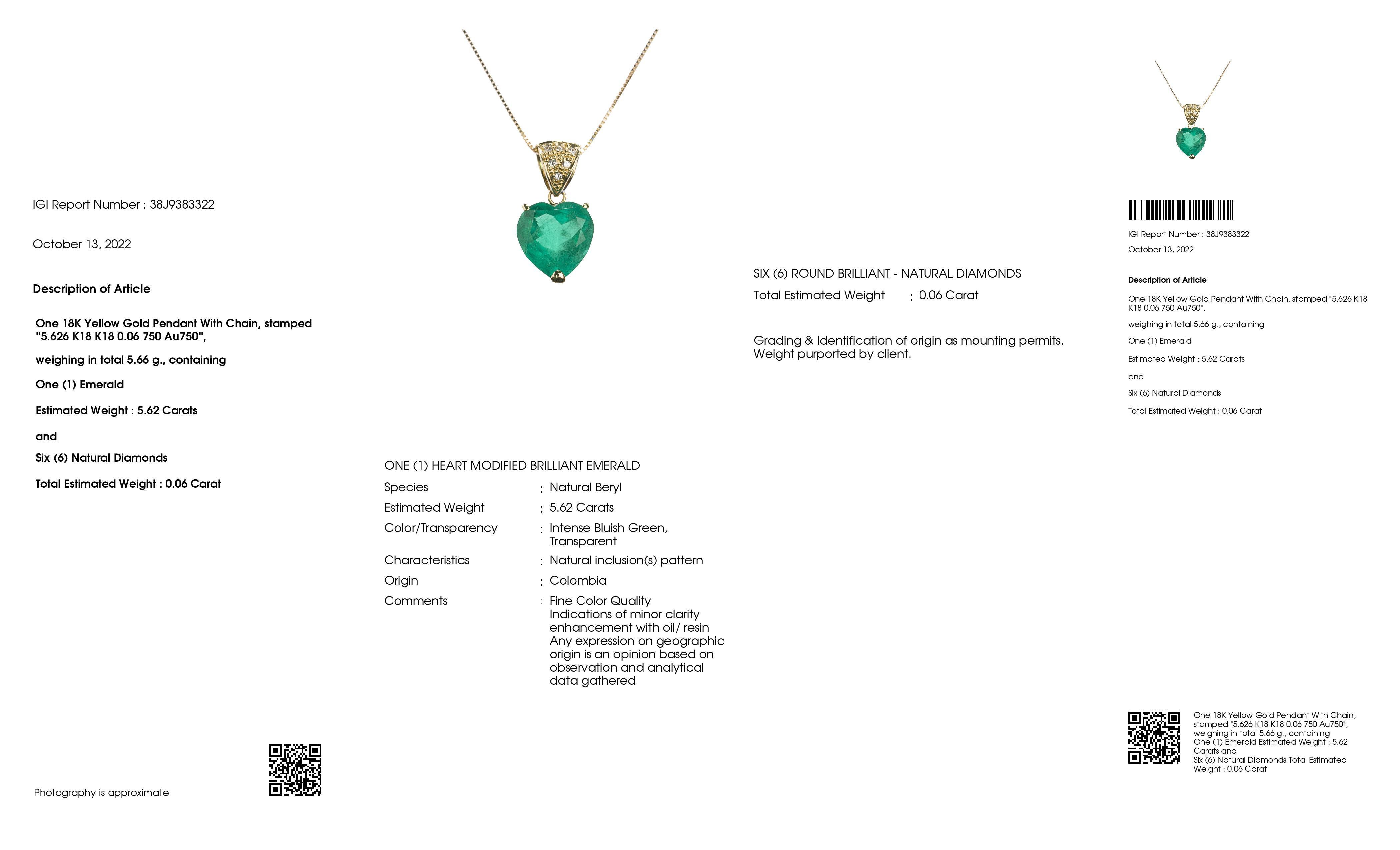 IGI Certified 5.62ct Fine-Color Heart Emerald 0.06ct Natural Diamonds Necklace For Sale 1