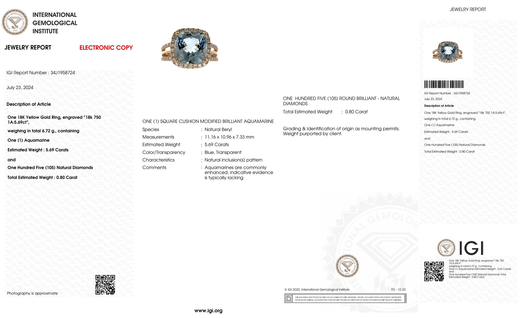 Cushion Cut IGI Certified 5.69 Carat Aquamarine Diamond Cocktail Ring in 18K Yellow Gold For Sale