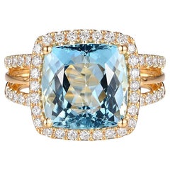 18K Yellow Gold 5.69ct Aquamarine Diamond Halo Ring by Carat Jewellery