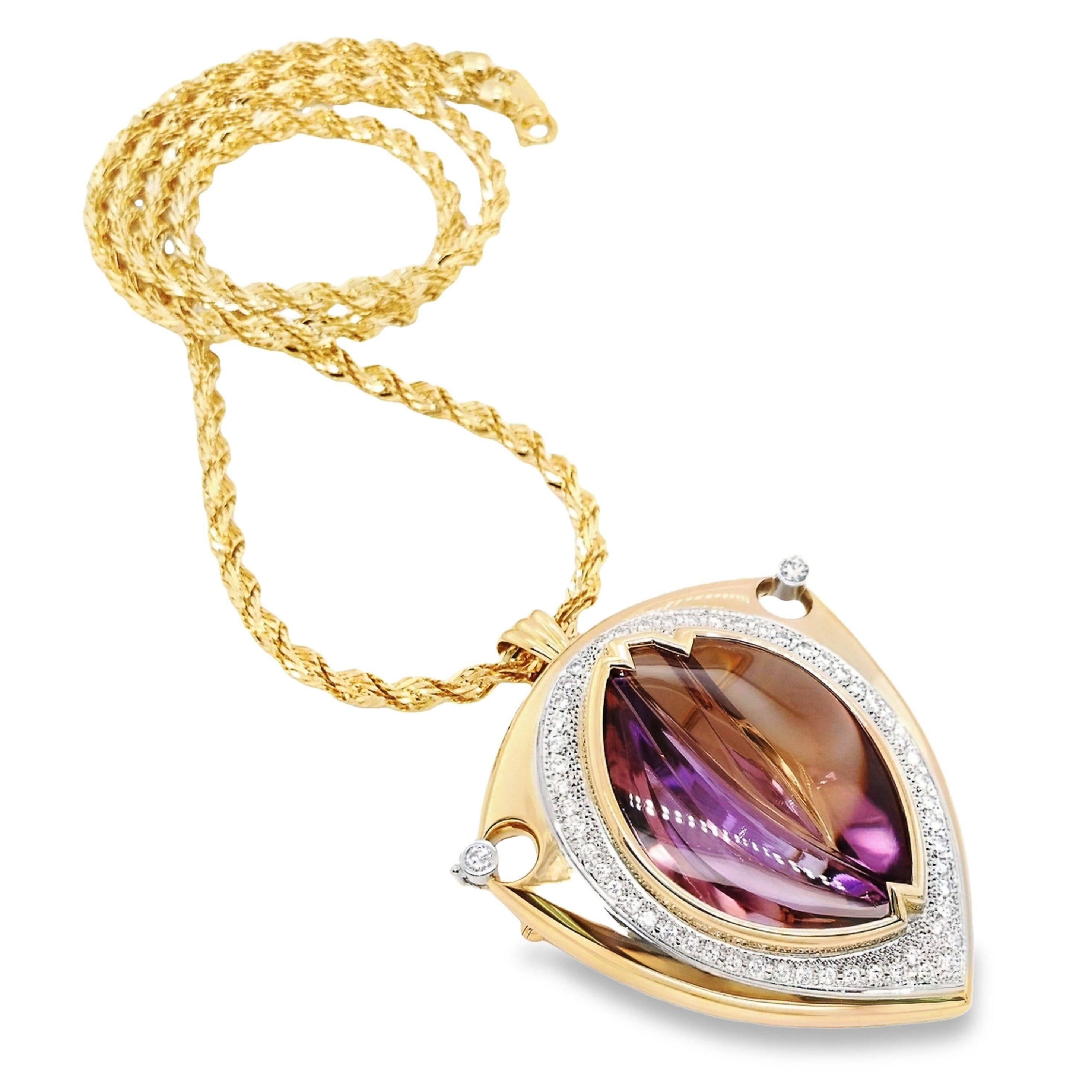 Experience the pinnacle of luxury with our Top Crown Jewelry convertible brooch and necklace, expertly crafted in platinum and 18K yellow gold. This magnificent piece showcases a regal 57.07-carat IGI certified natural purple amethyst, elegantly