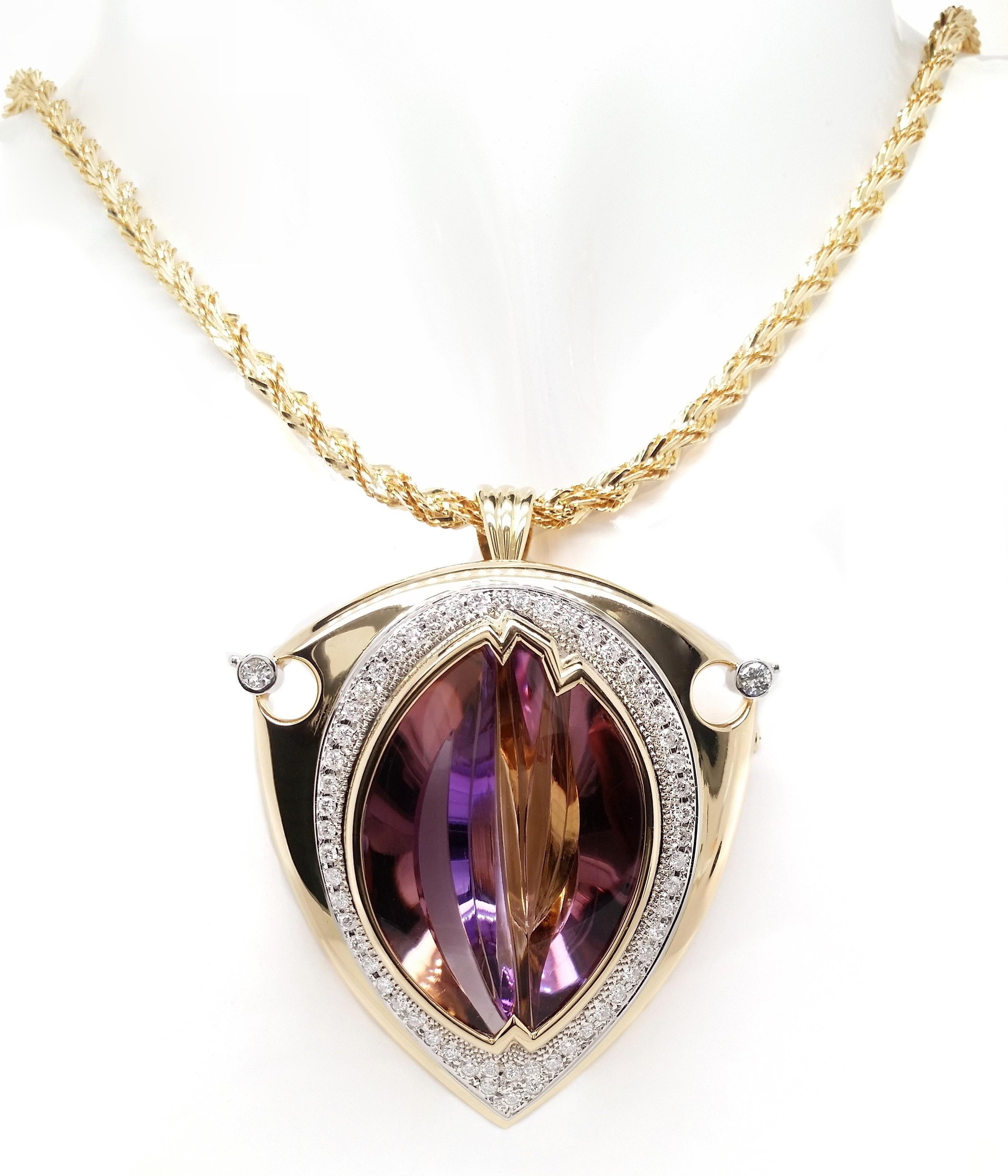 Shield Cut IGI Certified 57.07ct Natural Purple Amethyst 1.23ct Diamonds Brooch / Necklace For Sale
