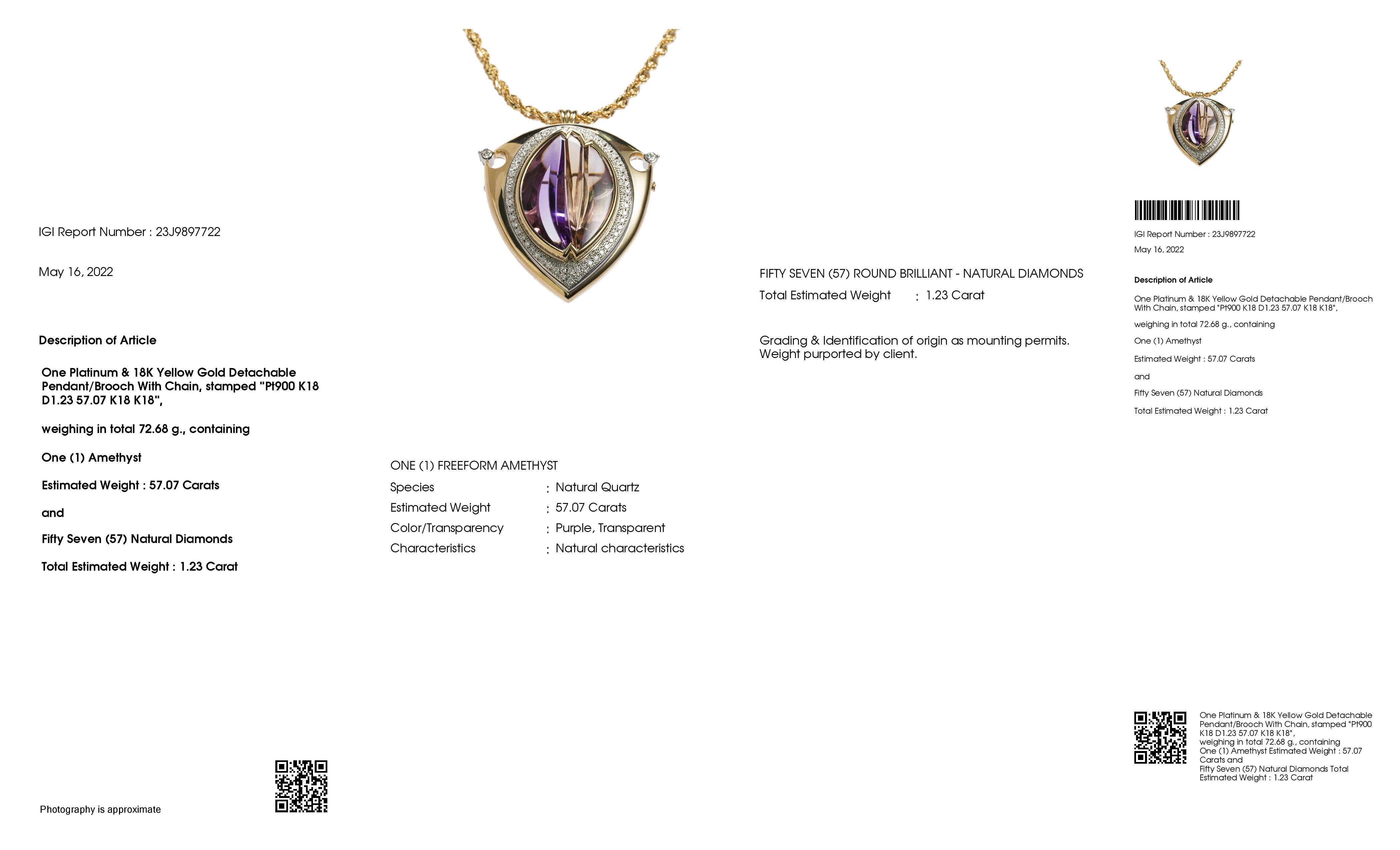 IGI Certified 57.07ct Natural Purple Amethyst 1.23ct Diamonds Brooch / Necklace For Sale 1