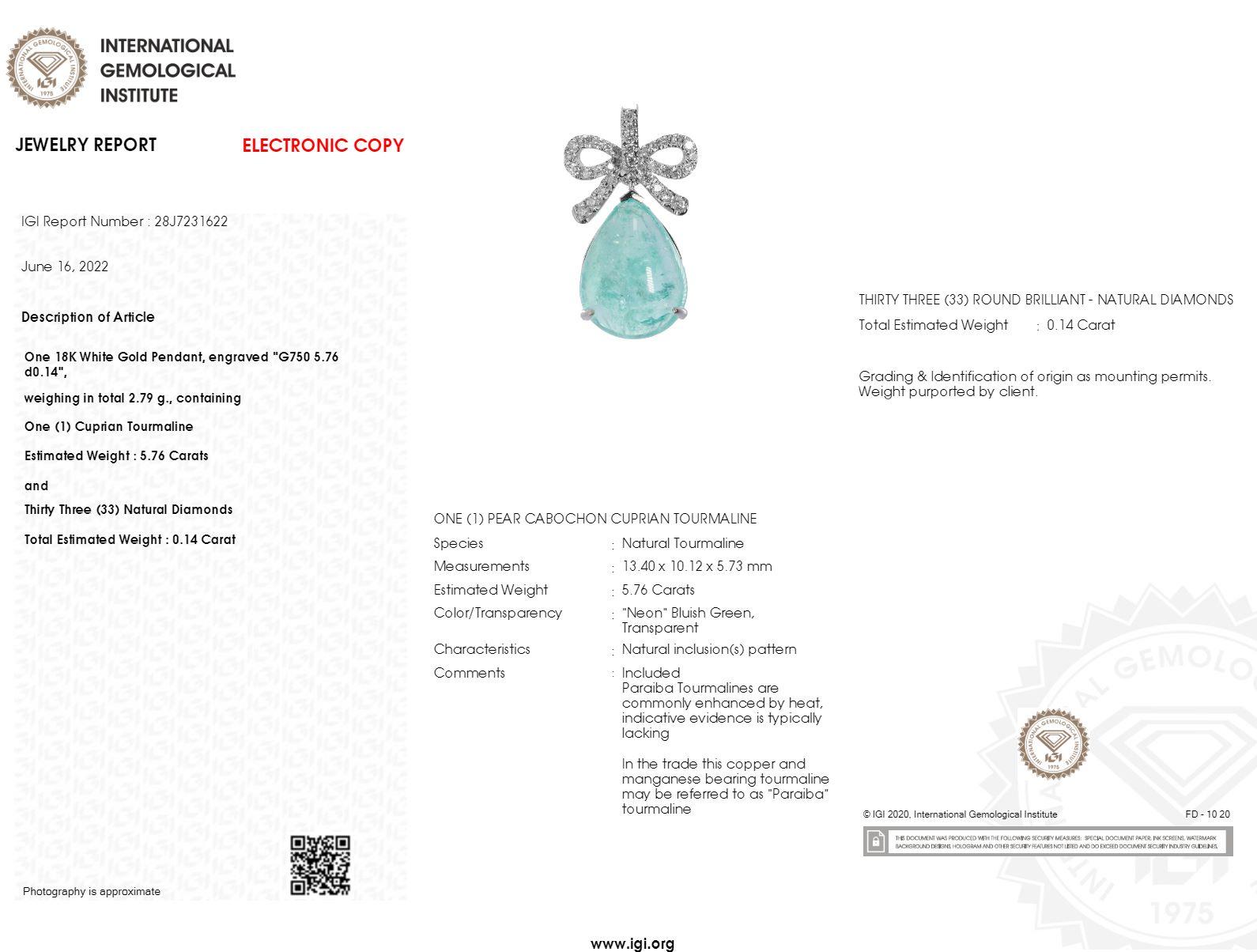 Moderno Ciondolo con paraiba e diamanti da 5,76 carati certificato IGI in oro bianco 18 carati in vendita