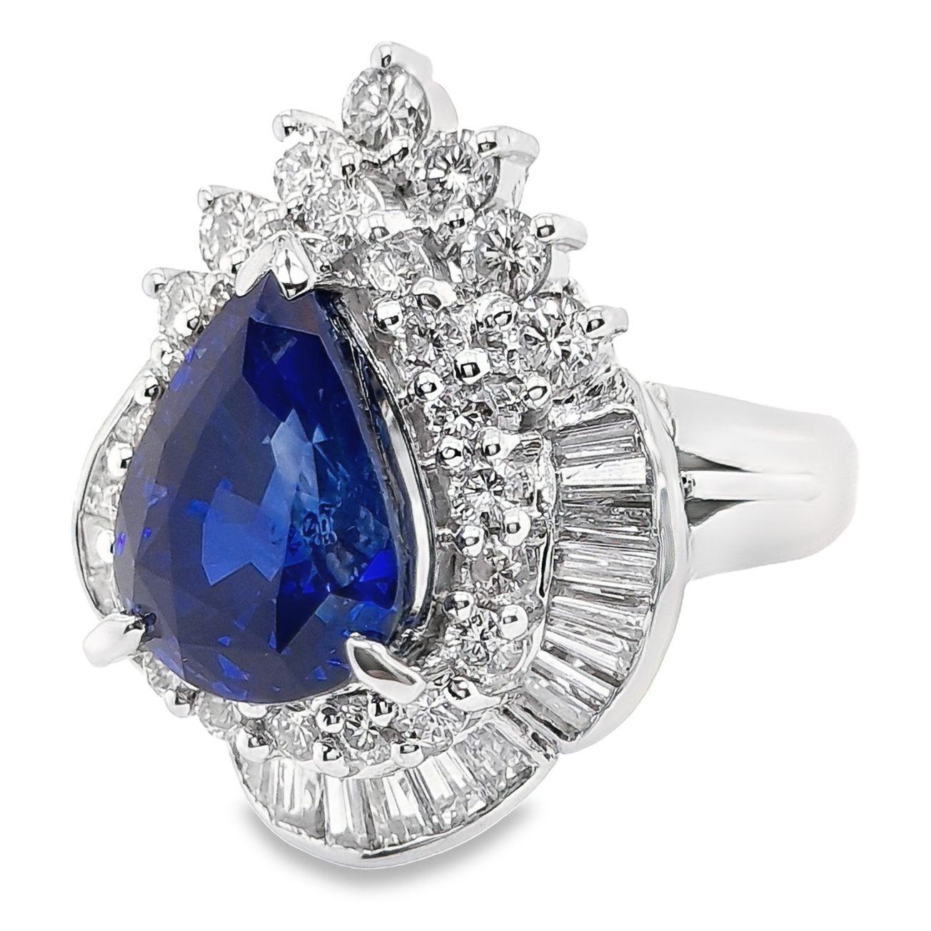 Pear Cut IGI Certified 5.79ct Kashmir Sapphire Vivid Blue 1.73ct Diamonds Platinum Ring For Sale