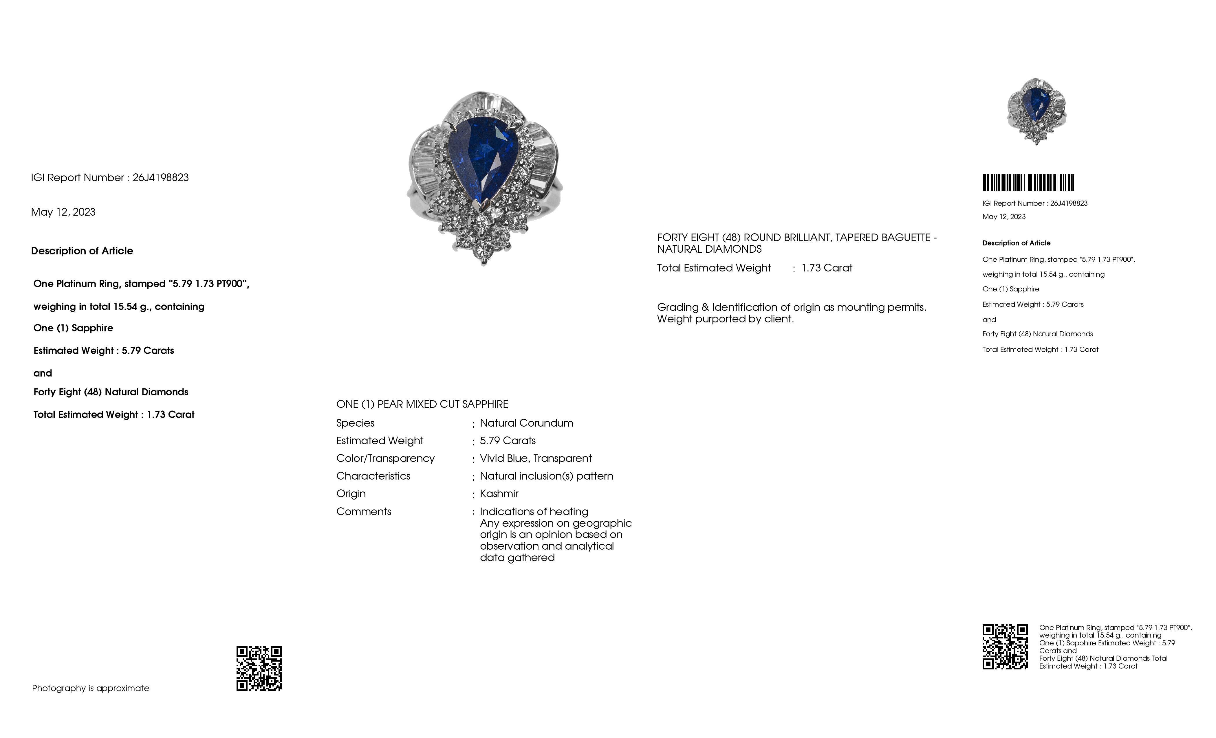 IGI Certified 5.79ct Kashmir Sapphire Vivid Diamonds 1.73ct Platinum Ring en vente 2
