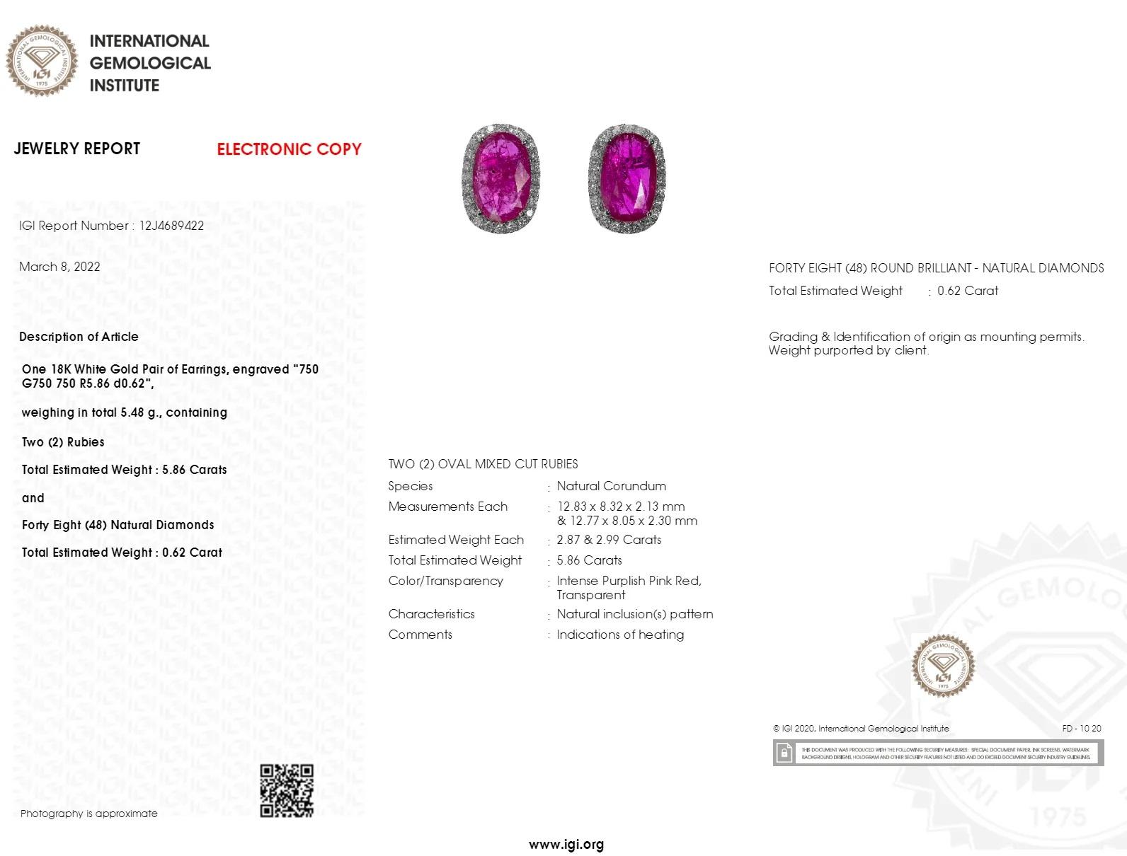 Cushion Cut IGI Certified 5.86 Carat Ruby & 0.62 Carat Diamond Earrings in 18K White Gold For Sale