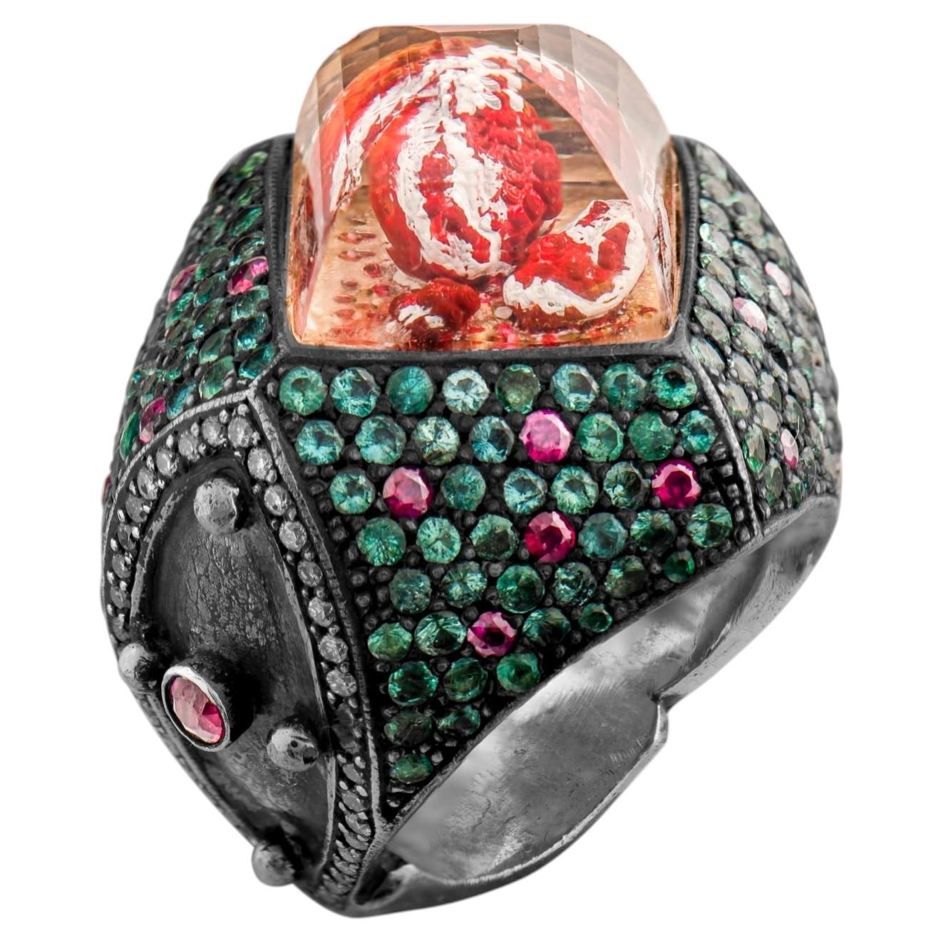 IGI Certified 5.88 Carat Diamond, Emerald and Ruby Pomegranate Motif Ring For Sale
