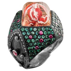 IGI Certified 5.88 Carat Diamond, Emerald and Ruby Pomegranate Motif Ring
