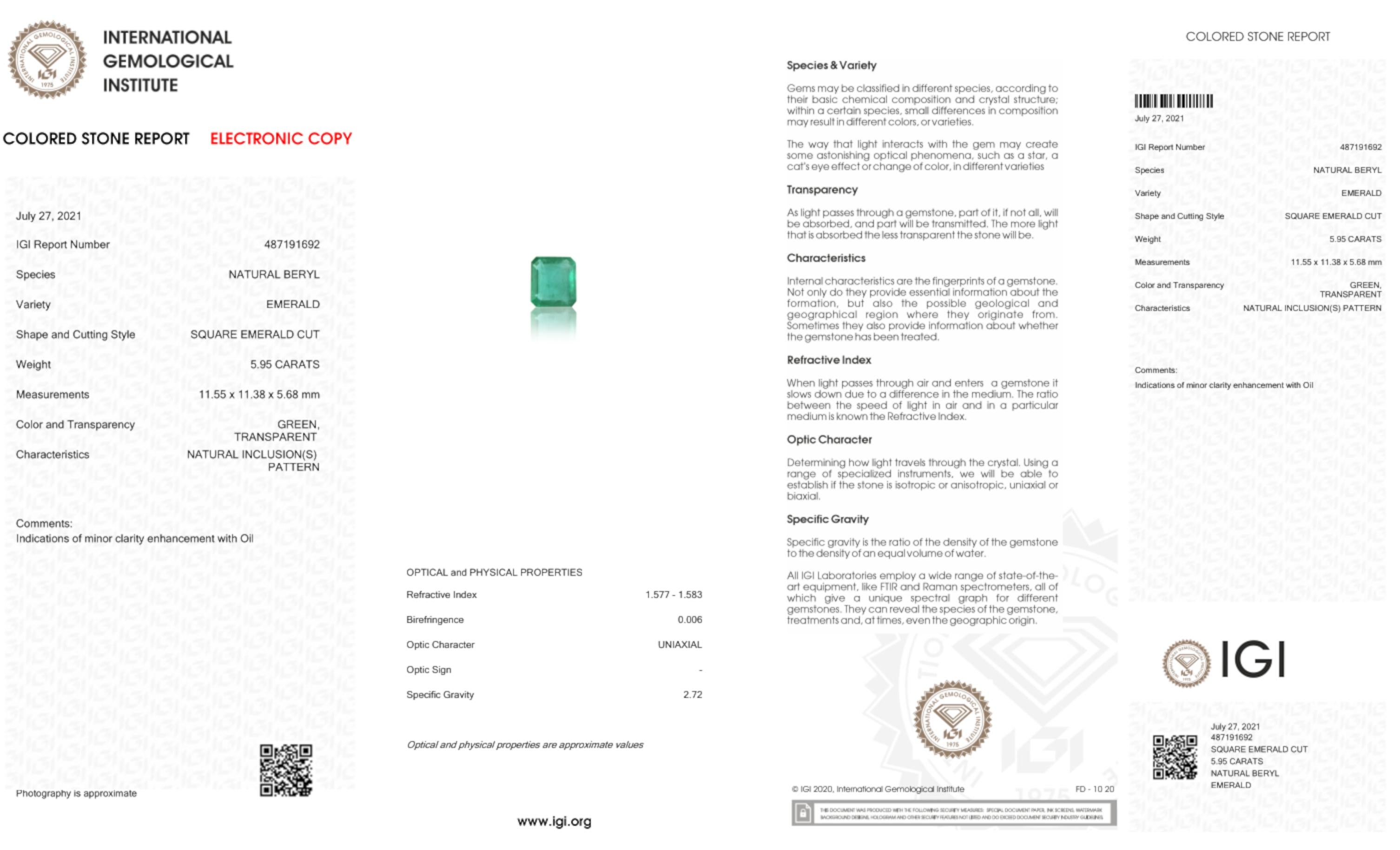 Modern IGI Certified 5.90 Carat Minor Oil Green Emerald Diamond Ring