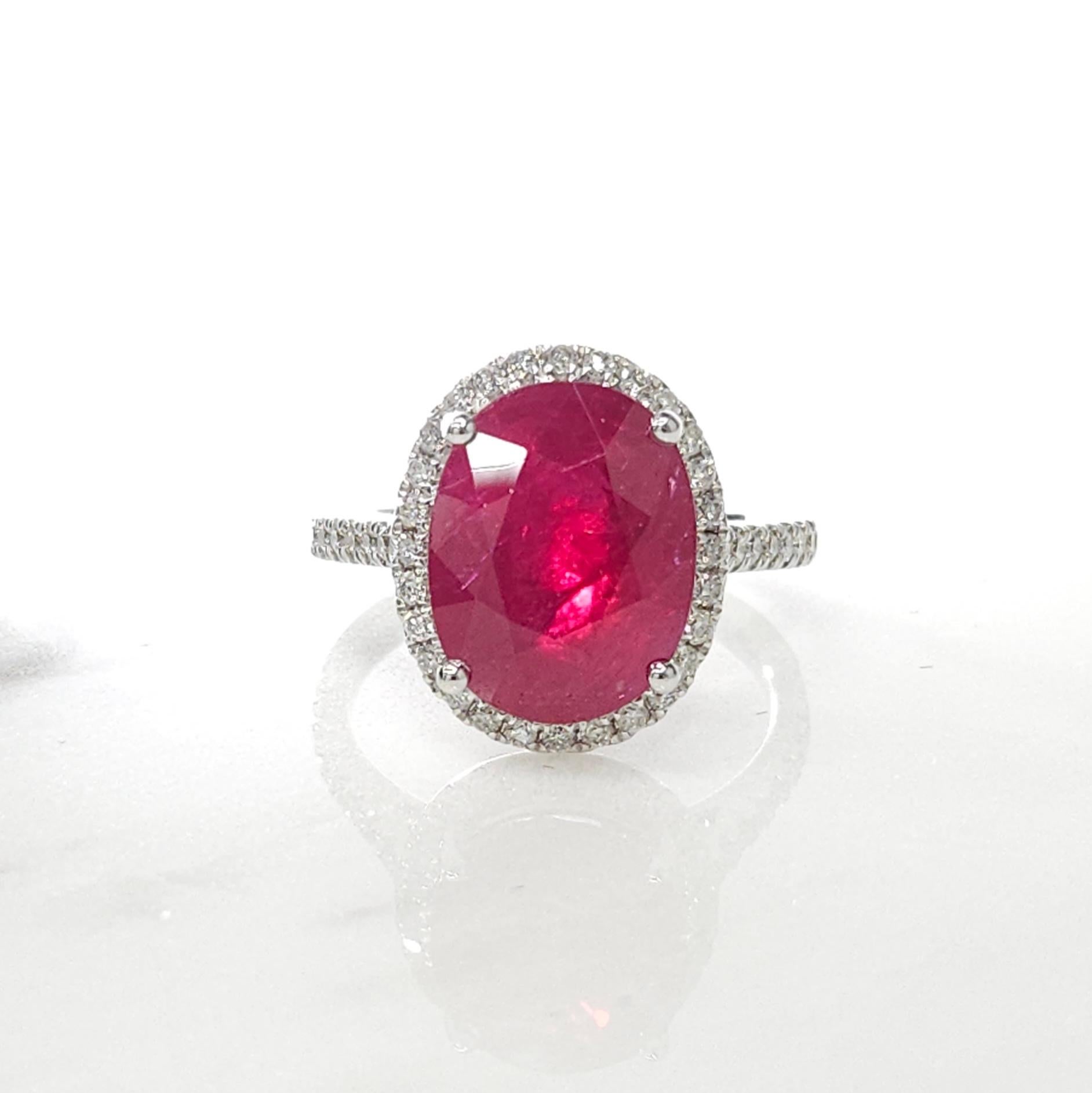 Oval Cut IGI Certified 5.90 Carat Ruby & Diamond Ring in 18K White Gold For Sale