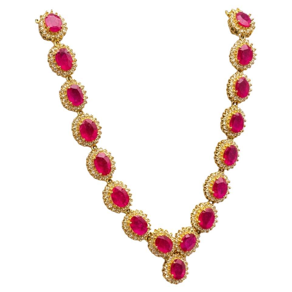 IGI Certified 60.14 CT Ruby 8.33 CT Diamond 14K Yellow Gold Necklace For Sale