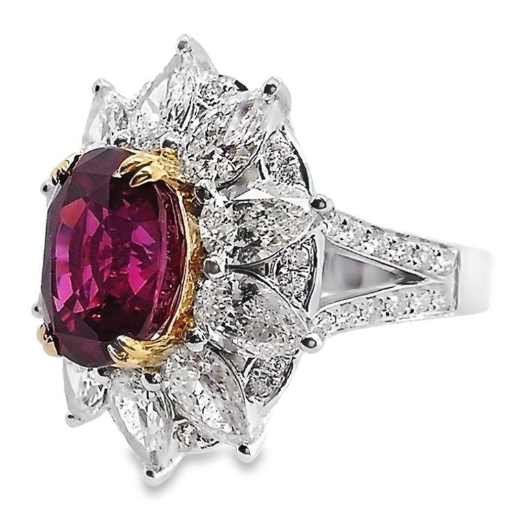 Oval Cut IGI Certified 6.03ct Burma Ruby 3.61ct Natural Diamonds 18K Gold Ring For Sale